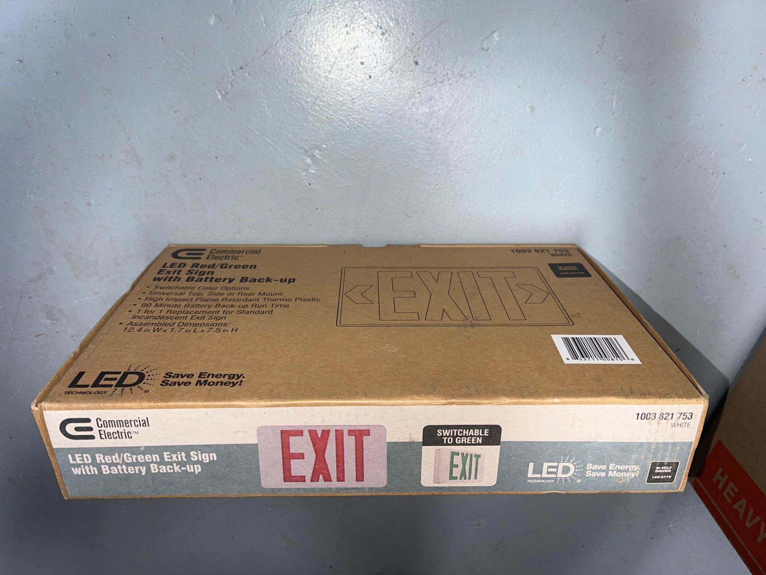 Commercial-Electric-3-0-Watt-4-8-Volt-Integrated-LED-Brushed-Aluminum-Red-Green-Exit-Sign-120-Volt