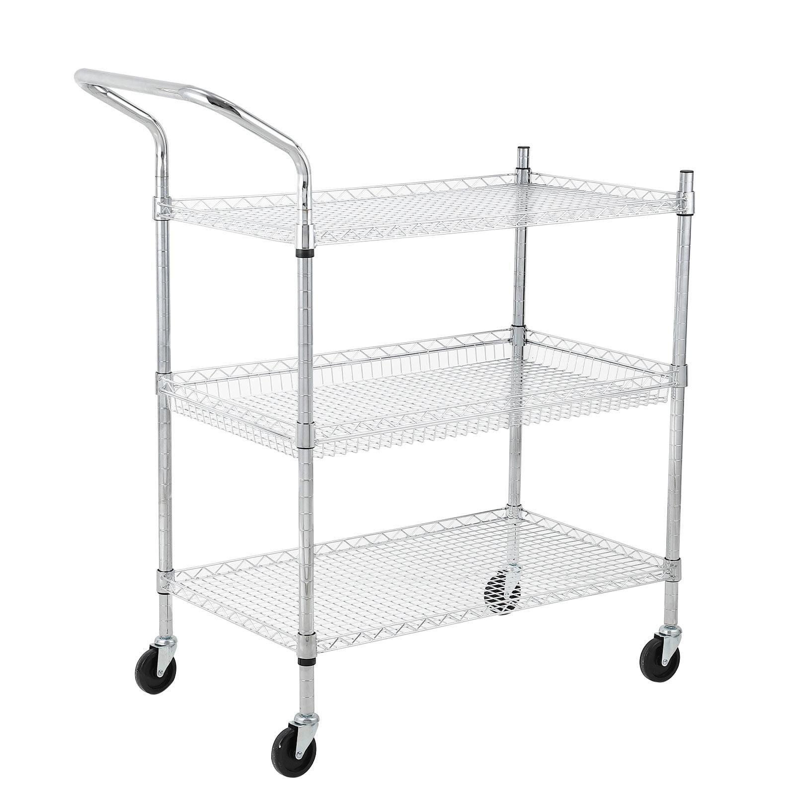 Ataucjin Commercial Grade Utility Cart, 3 Tires Wire Rolling Cart, Steel Service Cart with Wheels, Food Storage Trolley for Restaurant,Kitchen, Low Handle