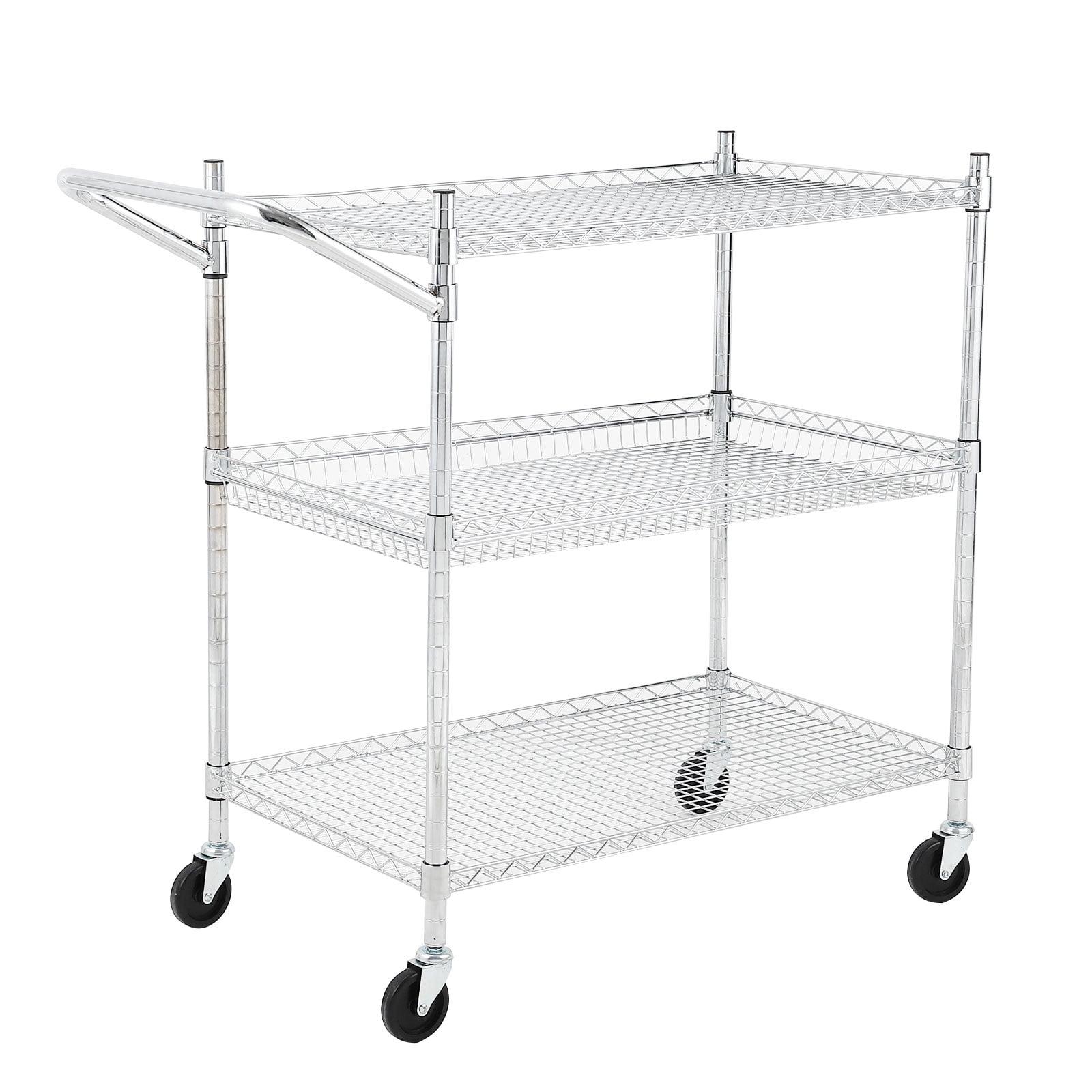 Ataucjin Commercial Grade Utility Cart, 3 Tires Wire Rolling Cart, Steel Service Cart with Wheels, Food Storage Trolley for Restaurant,Kitchen, Low Handle