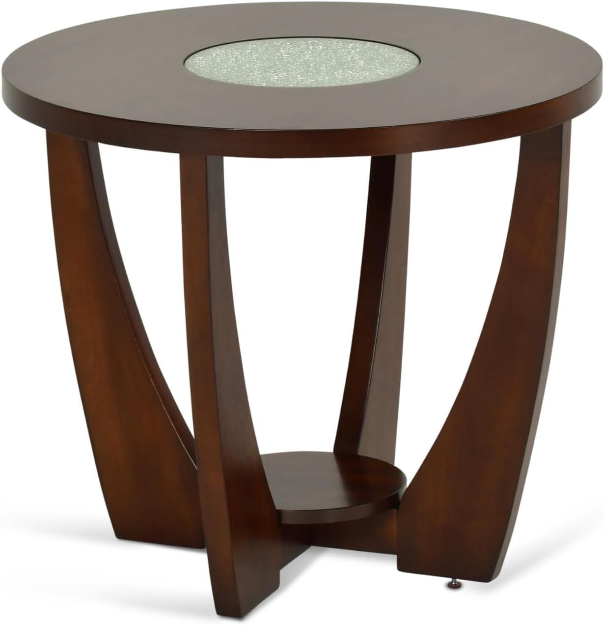 26'' Modern Cherry Wood Round End Table with Glass Inlay