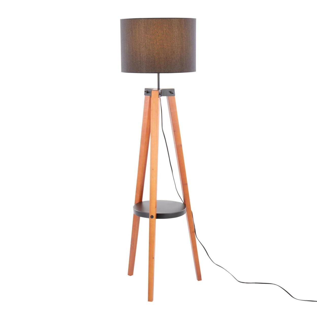 Walnut Wood Black Linen Tripod Floor Lamp with Shelf