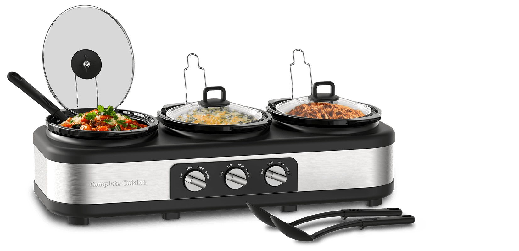 Complete Cuisine Stainless Steel Triple Slow Cooker, Buffet Food Server with Removable Ceramic Pots, Glass Lids for Kitchen, 2.5 Quart, Black/Silver