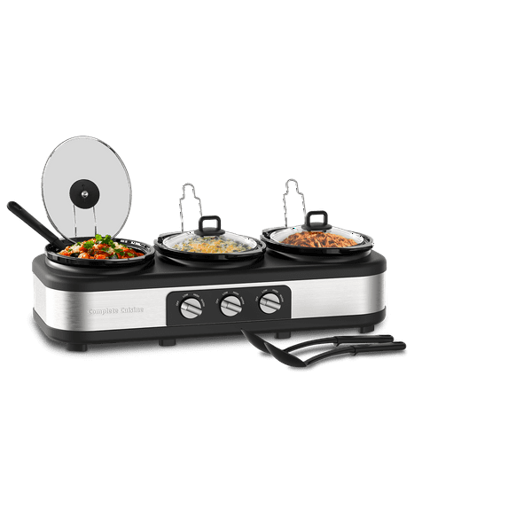 Complete Cuisine Stainless Steel Triple Slow Cooker, Buffet Food Server with Removable Ceramic Pots, Glass Lids for Kitchen, 2.5 Quart, Black/Silver
