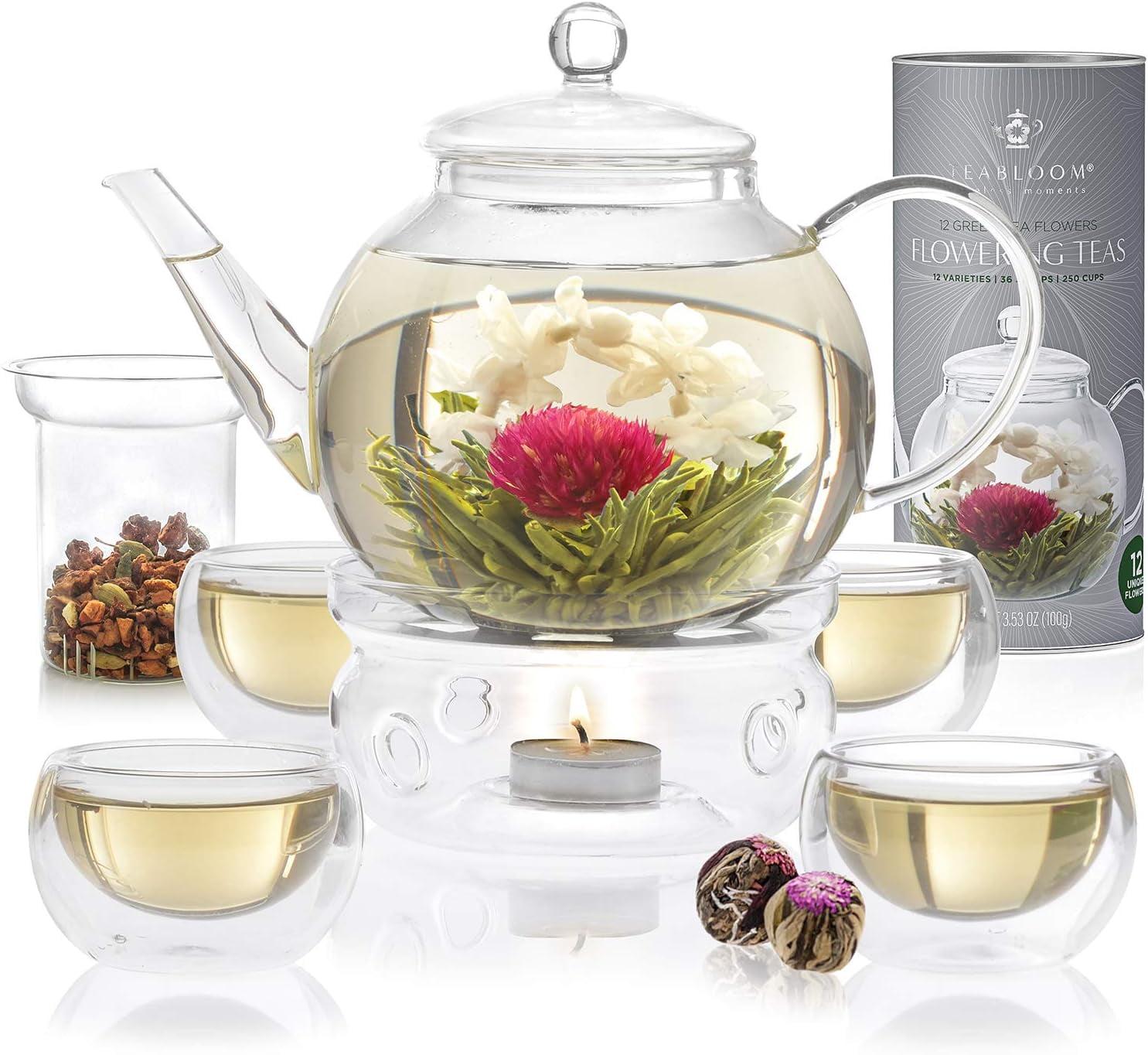 Complete Tea Set – Glass Teapot (40 oz), Loose Tea Glass Infuser, 4 Insulated Glass Teacups, Tea Warmer, and 12 Flowering Teas – Elegant Blooming Tea Gift Set