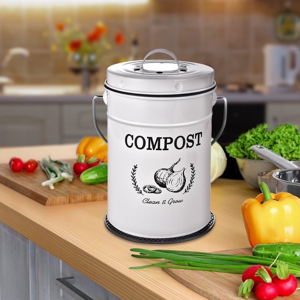 White 1.0 Gallon Metal Kitchen Compost Bin with Lid