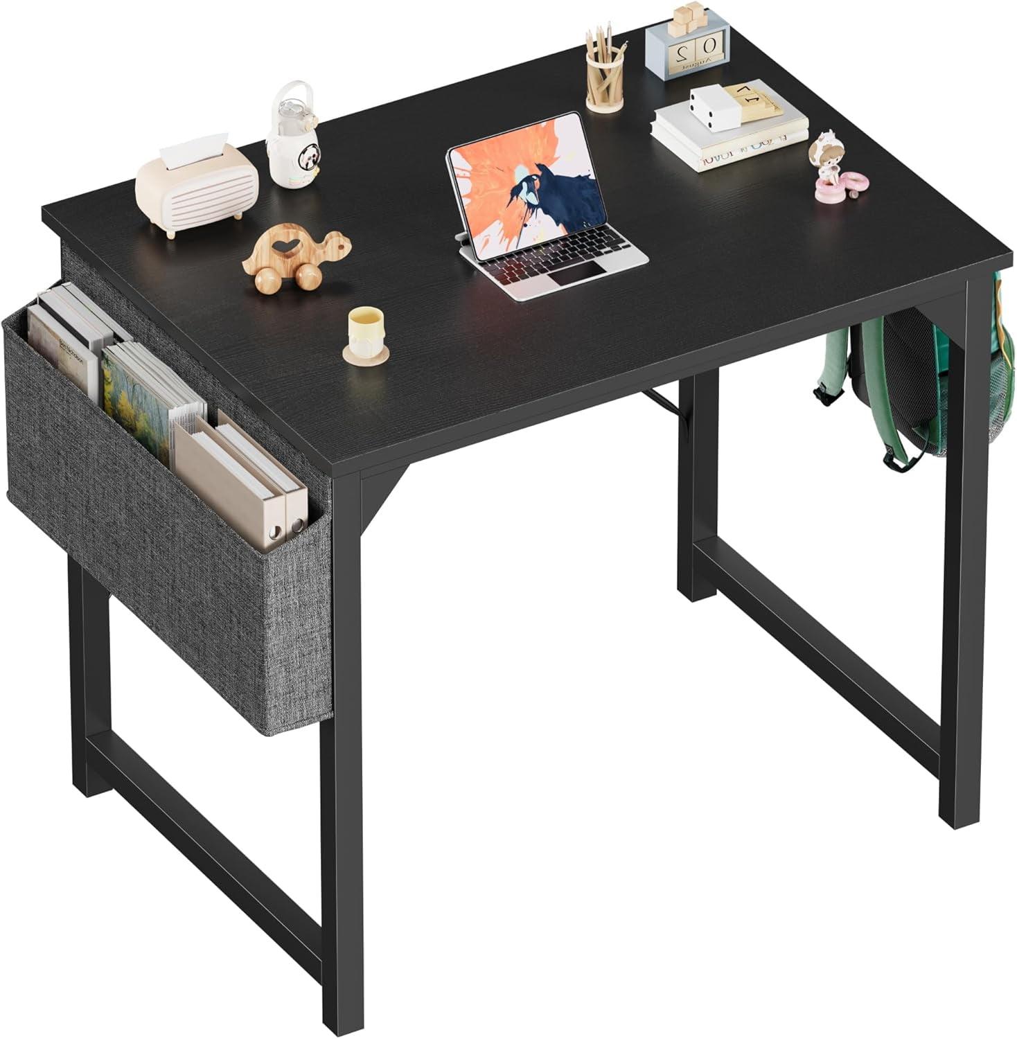 32-Inch Black Wood Writing Desk with Storage Bag and Headphone Hook