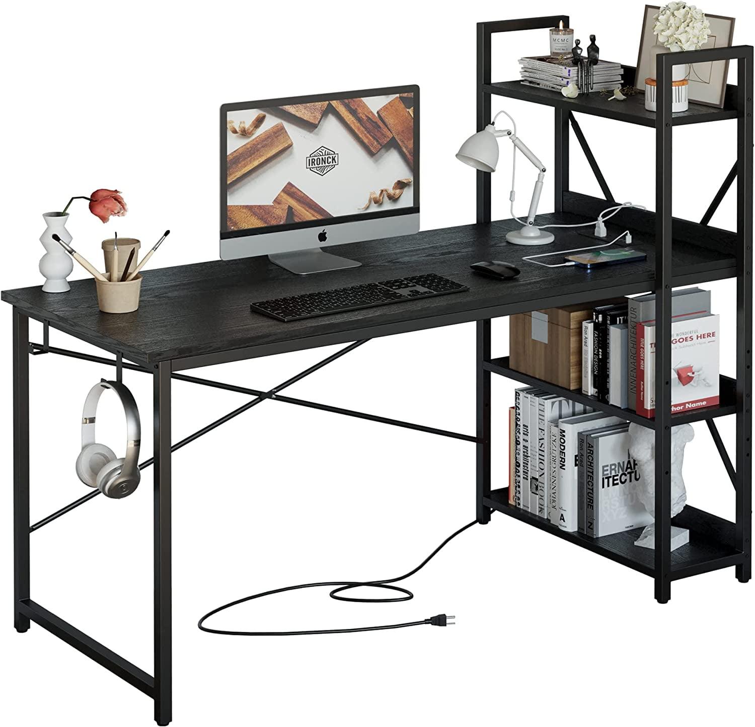 IRONCK Home Office Computer Desk 55" with Power Outlet & Storage Shelves, Study Writing Table Black