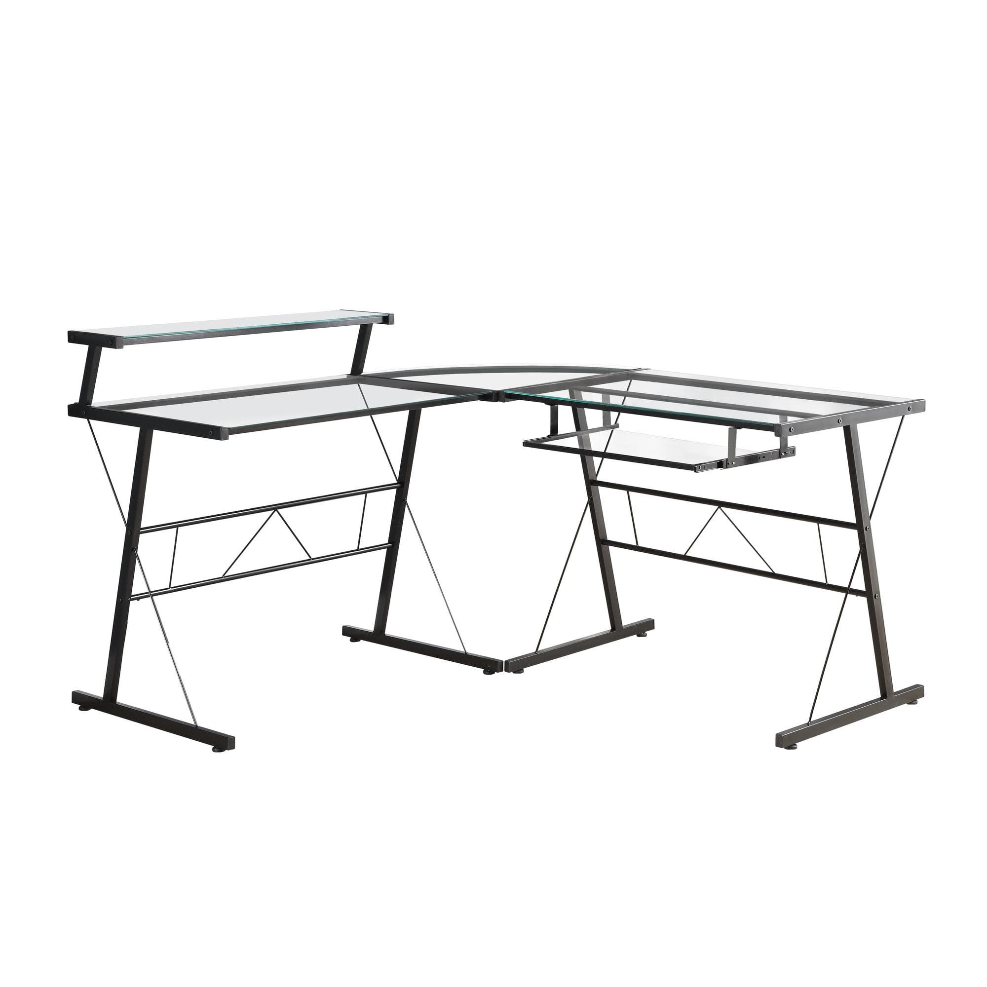 Monarch Specialties Computer Desk Home Office Corner L Shape Work Laptop Metal Tempered Glass Black Clear Contemporary Modern