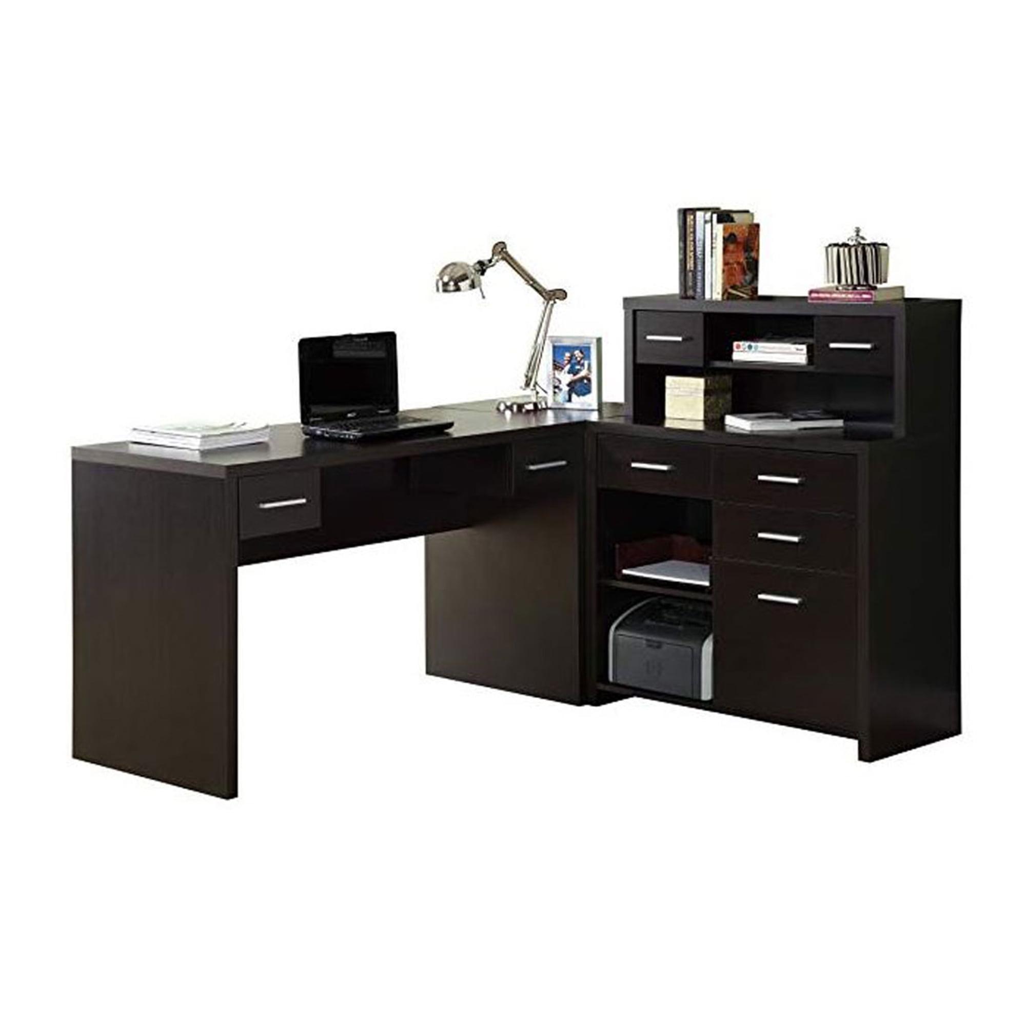 Cappuccino Brown Wood L-Shaped Executive Desk with Hutch and Filing Cabinet