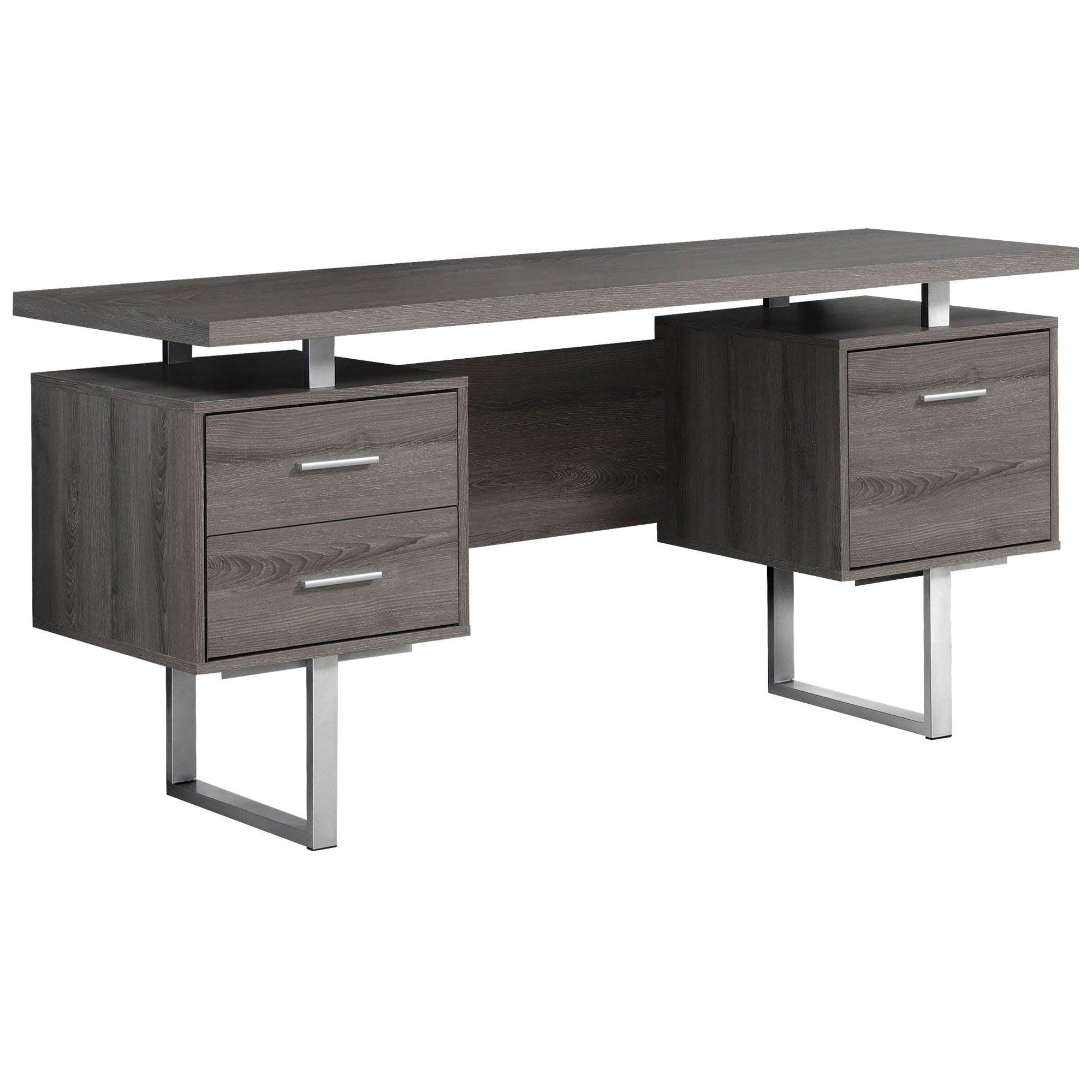 Contemporary Dark Taupe 60" Pedestal Desk with Silver Metal Frame