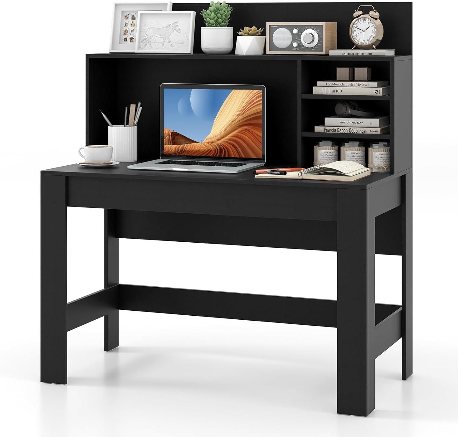 Gymax Home Office Computer Desk Study Table Writing Workstation Hutch Cable Hole Black