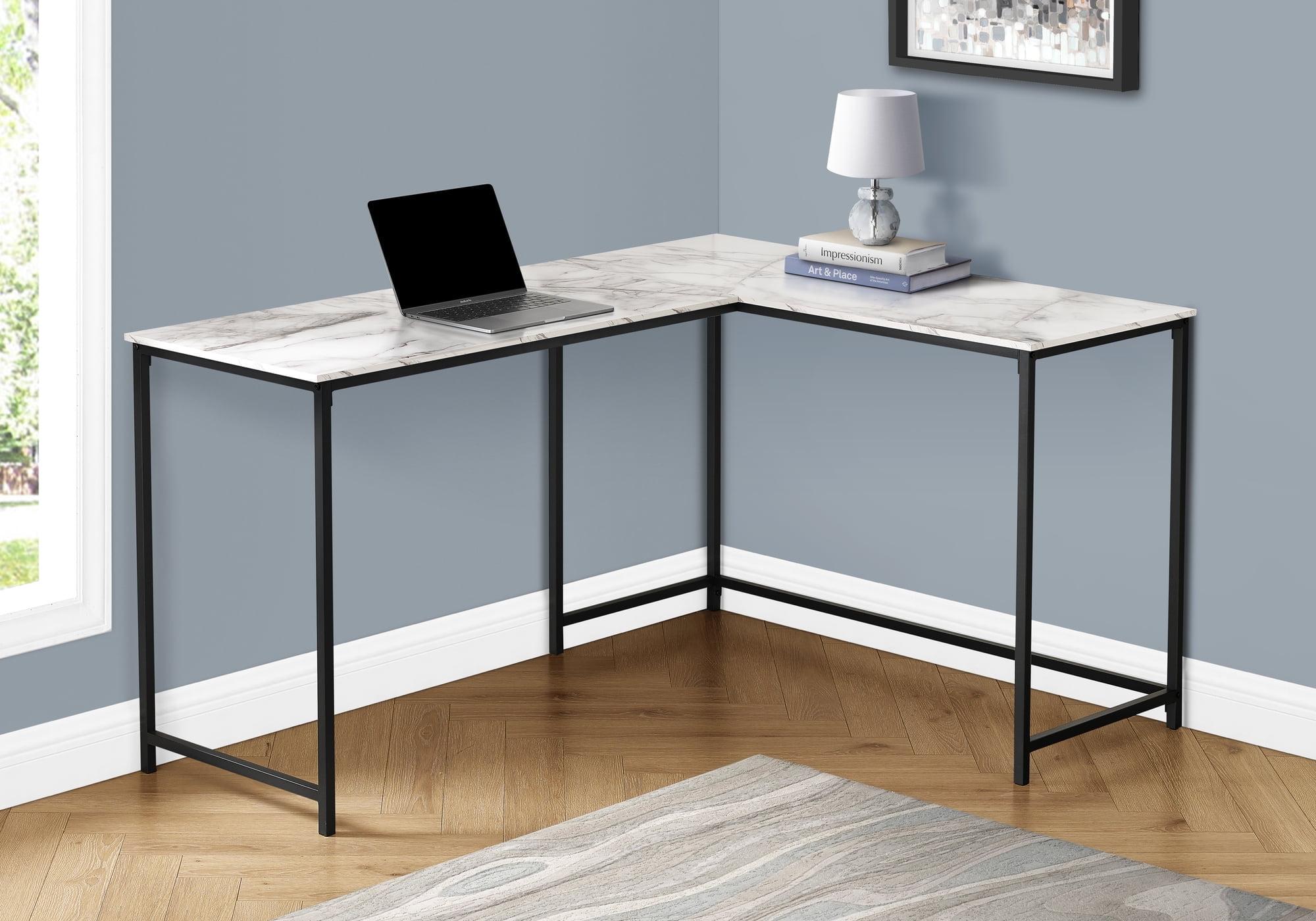 Monarch Specialties Computer Desk Home Office Corner 58InchL L Shape Work Laptop Metal Laminate White Marble Look Black Contemporary Modern