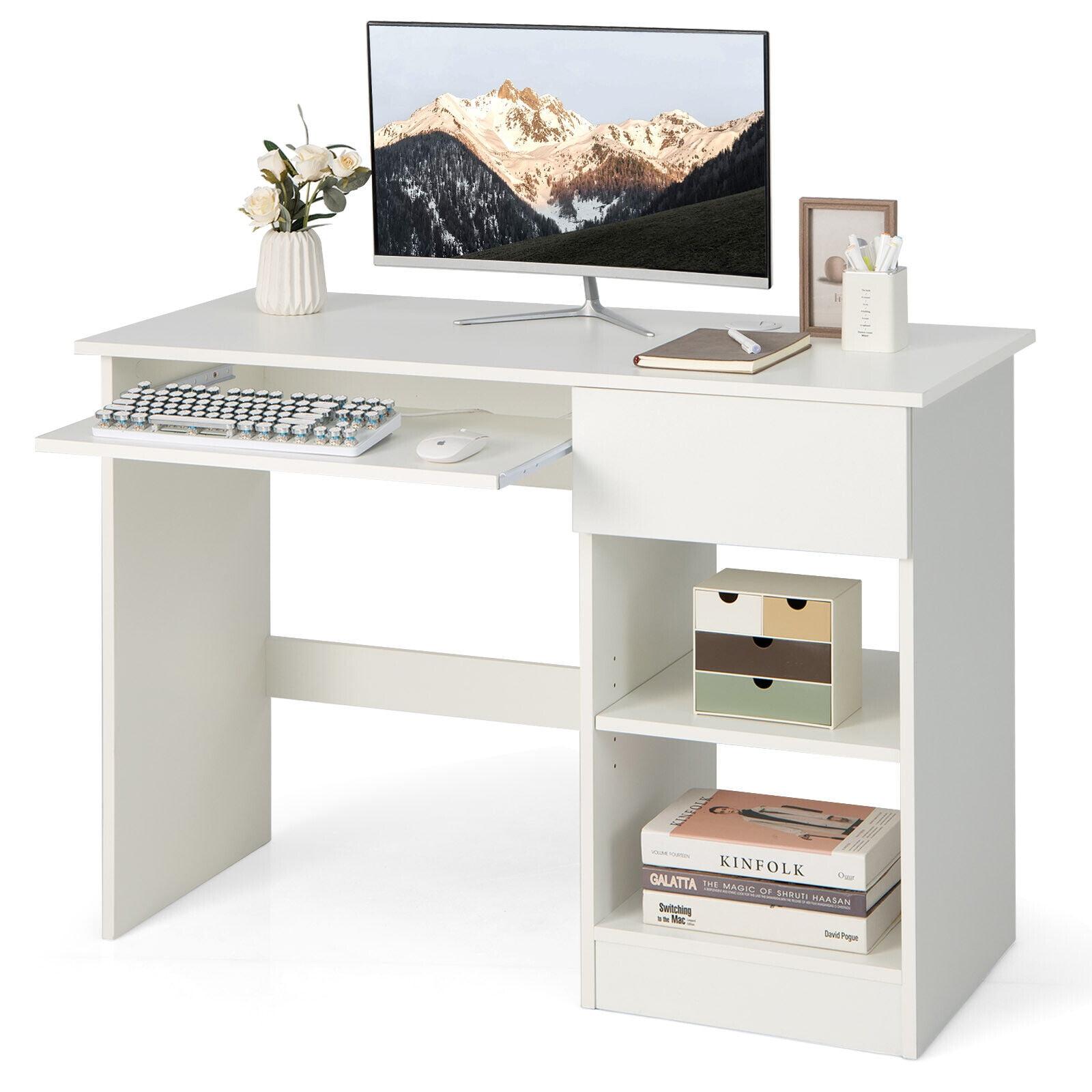 White Adjustable Height Wooden Computer Desk with Drawer and Keyboard Tray