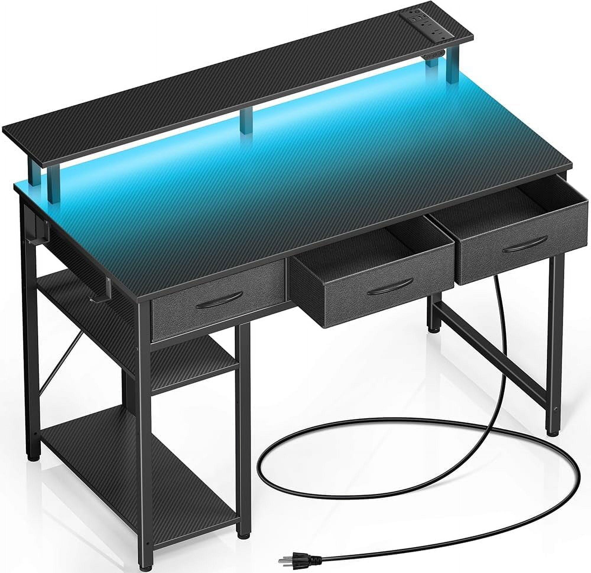 Carbon Black 39'' Computer Desk with LED Light and Power Outlets