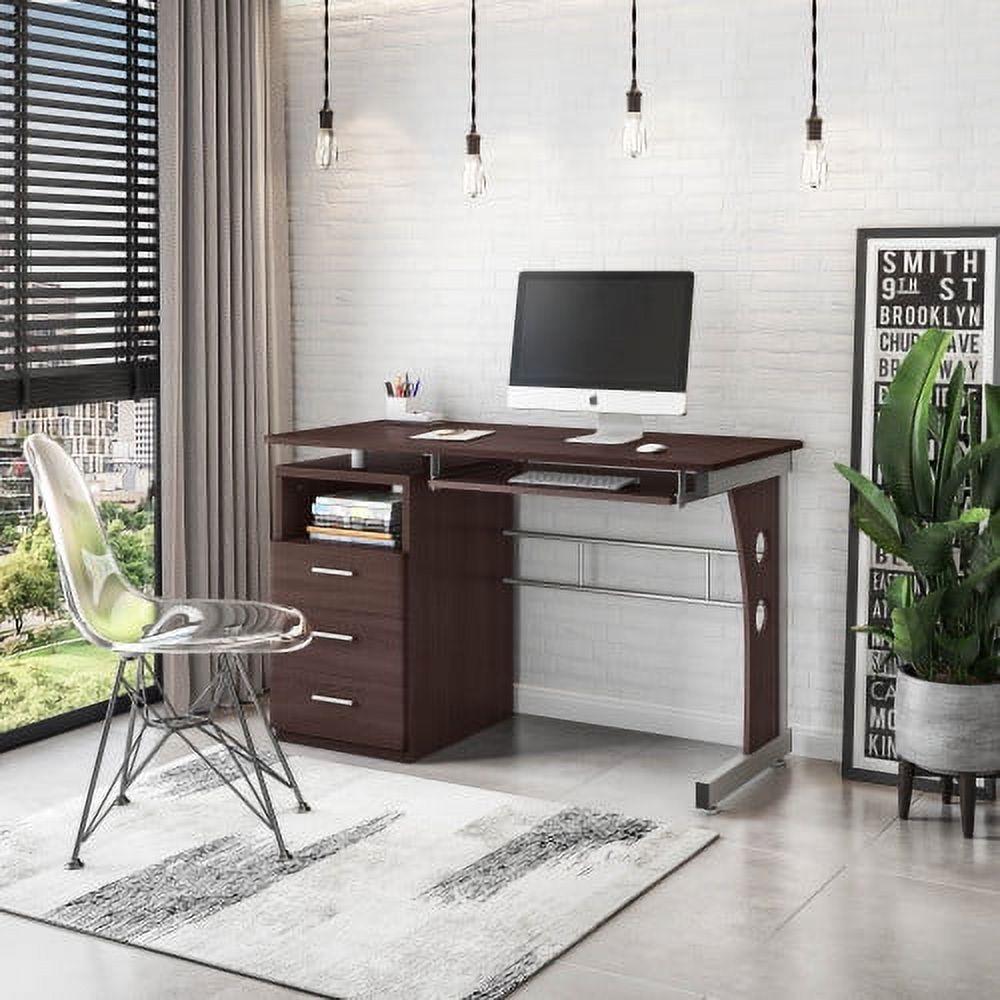 Chocolate Brown Wood Computer Desk with Storage and Keyboard Tray