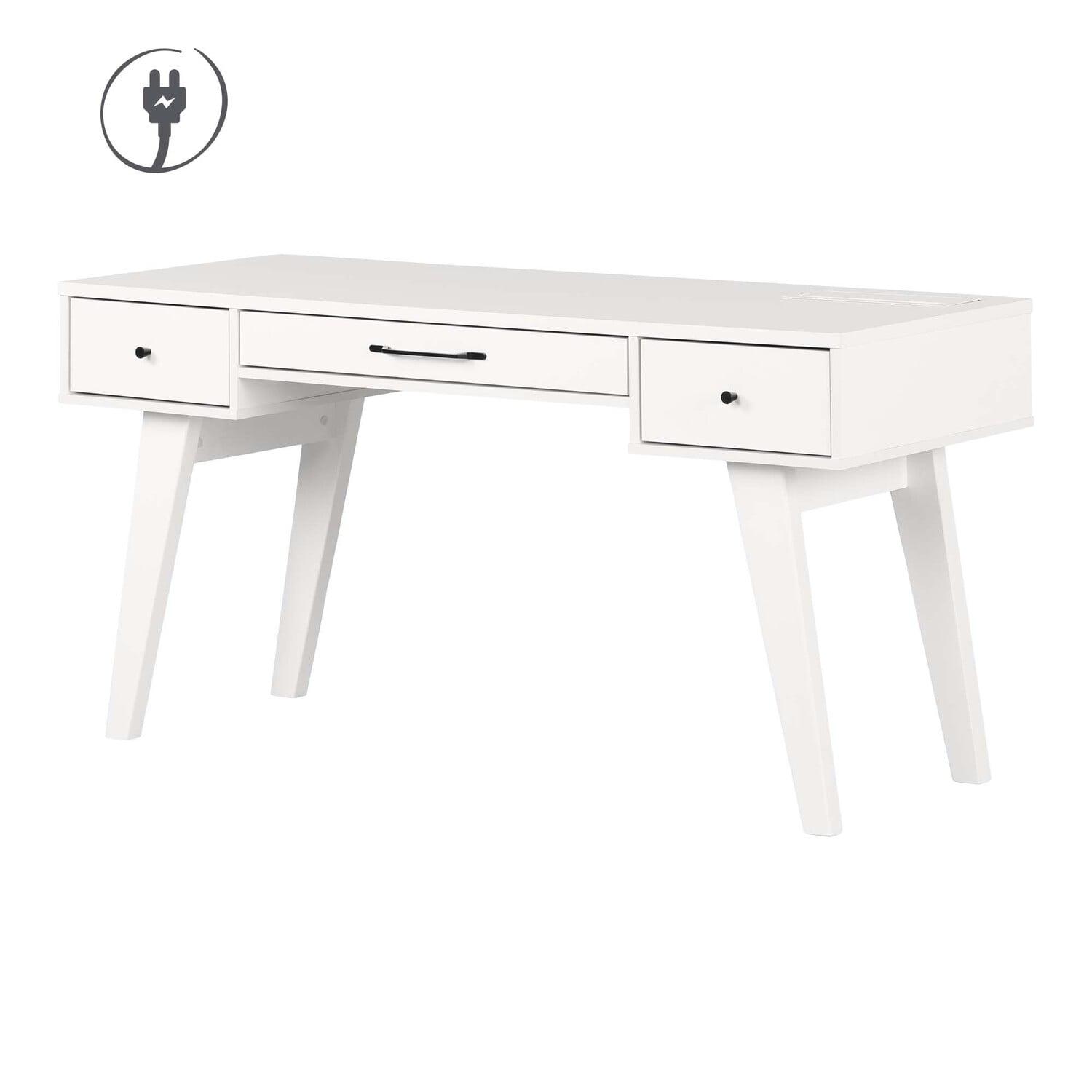 South Shore Computer Desk with Power Bar Laminated Particleboard White: Integrated Keyboard Tray, File Storage