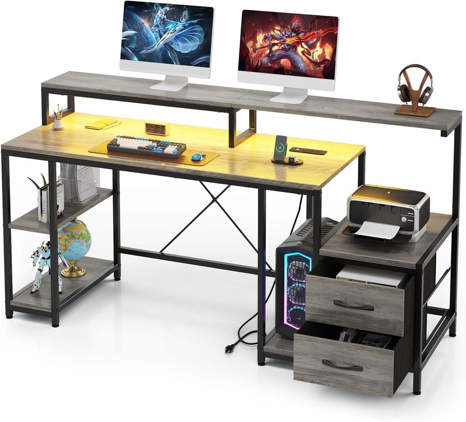 Modern Gray Wood Computer Desk with Power Outlets and Storage