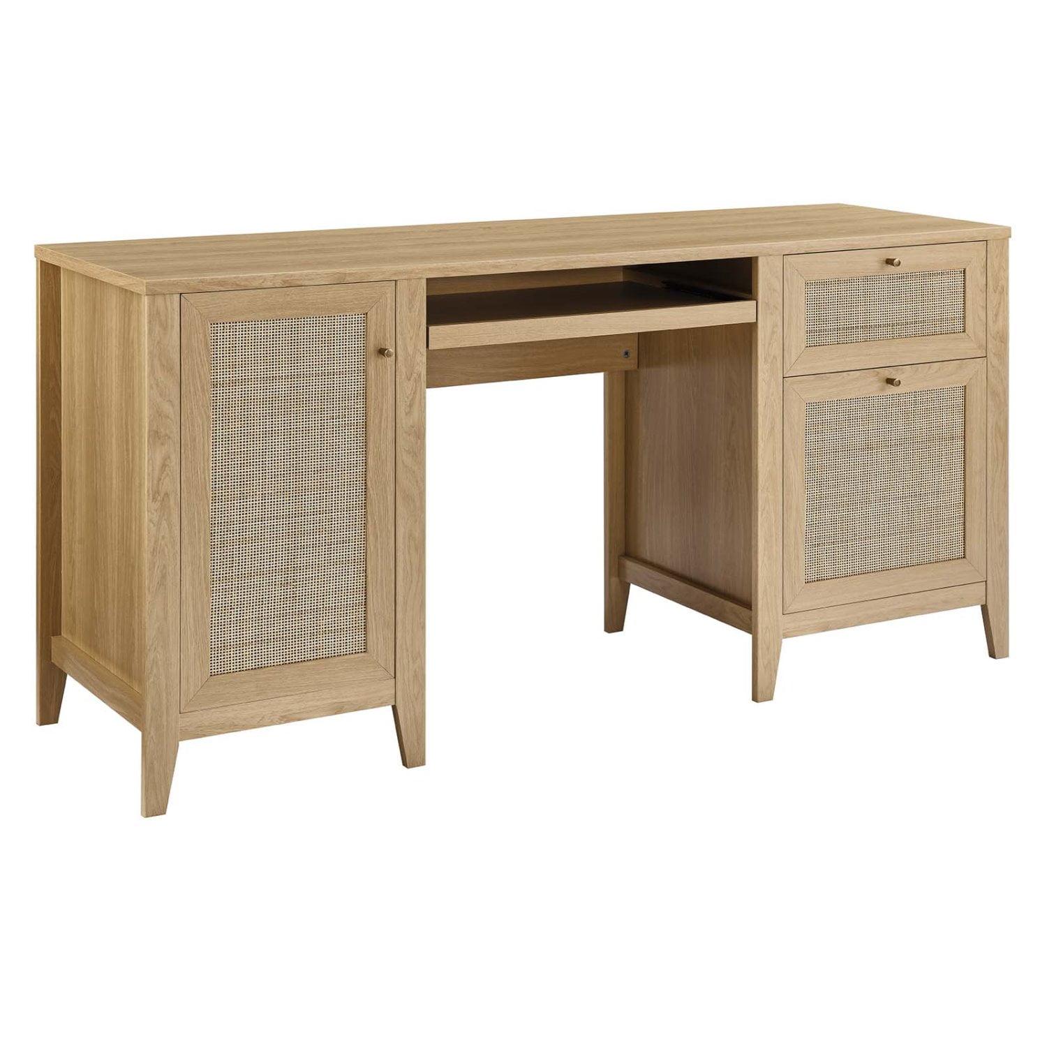 Oak Wood Office Desk with Rattan Weave and Storage