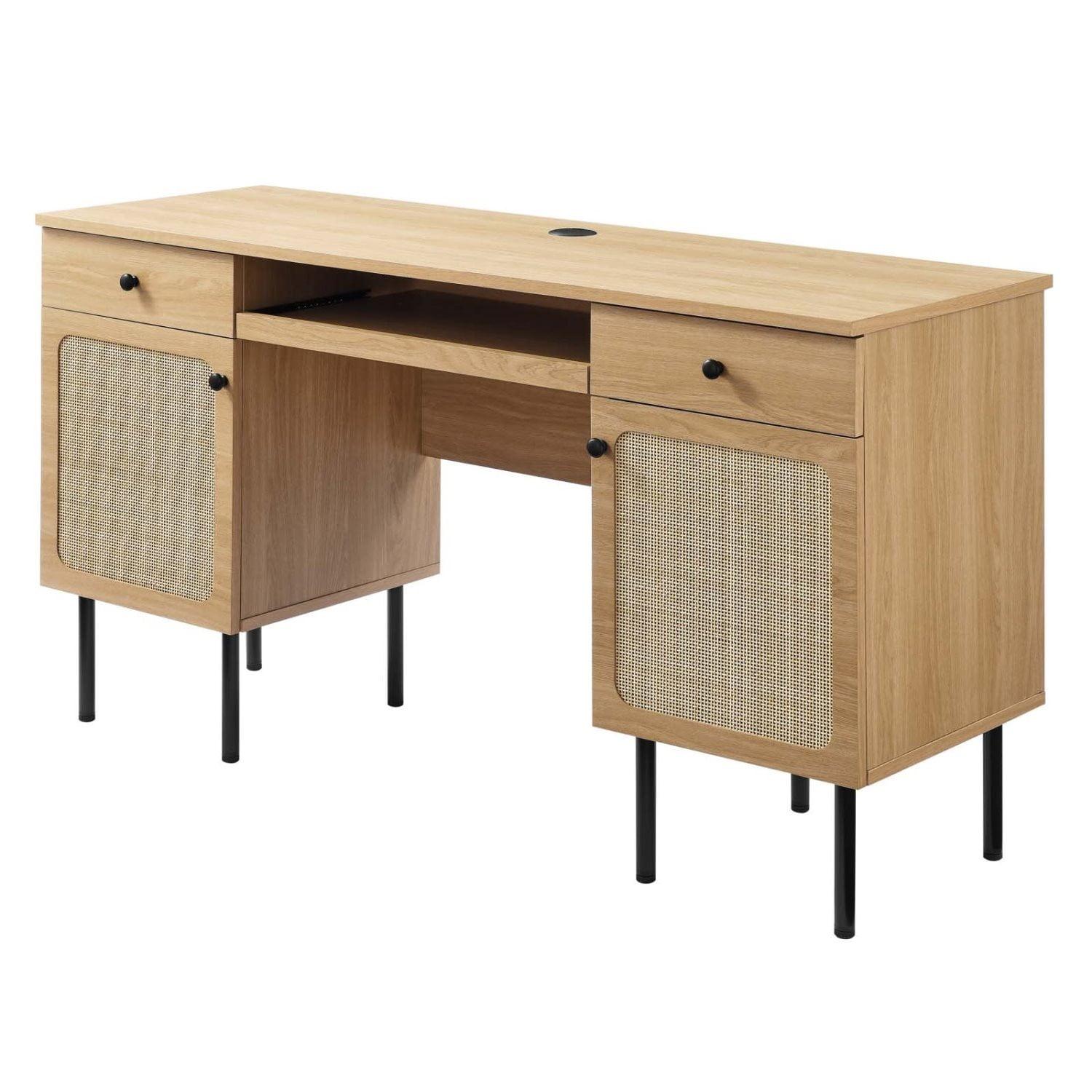 Chaucer Oak Wood Executive Desk with Rattan Detail and Storage