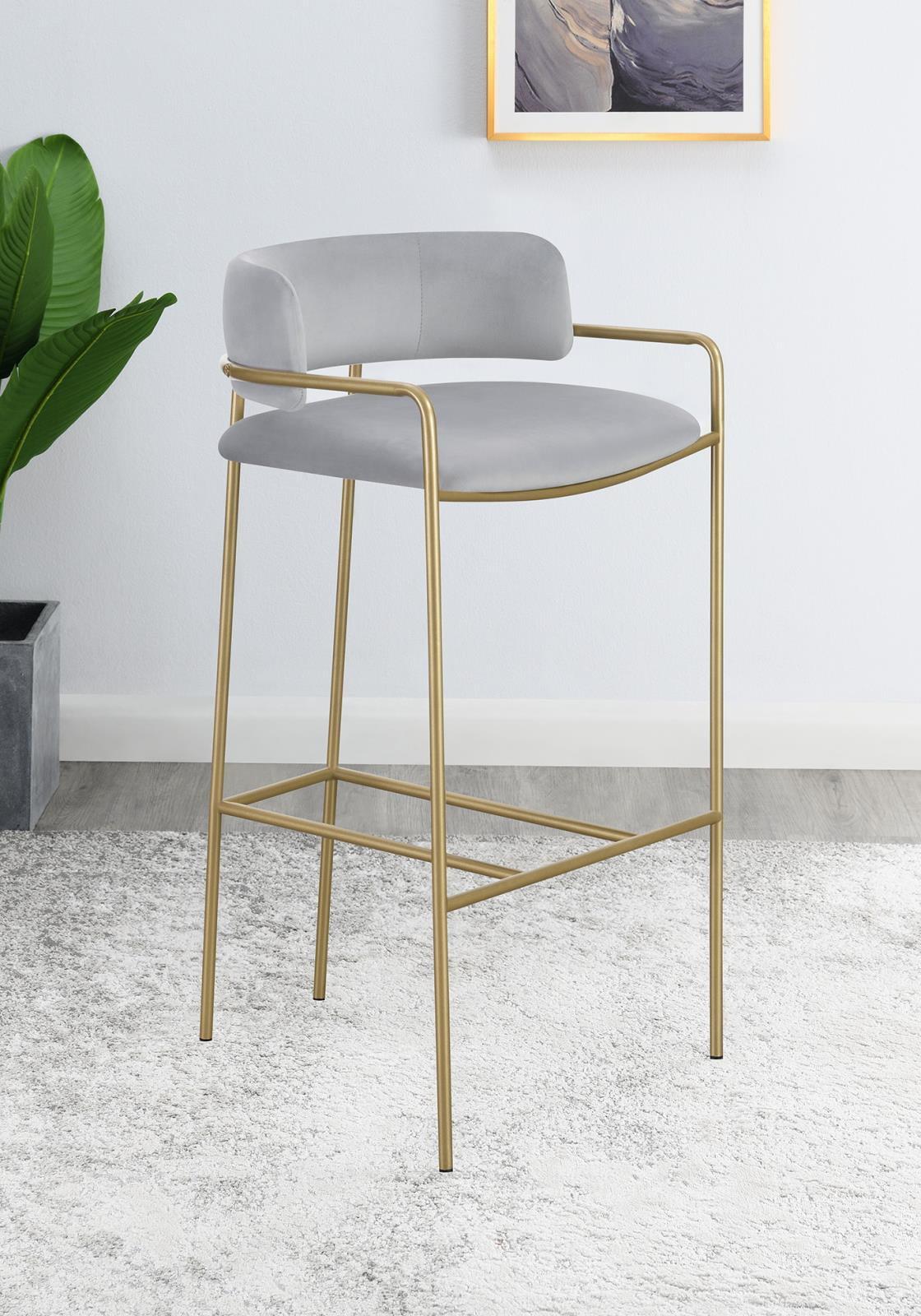 Gray Velvet and Gold Metal Contemporary Bar Stool