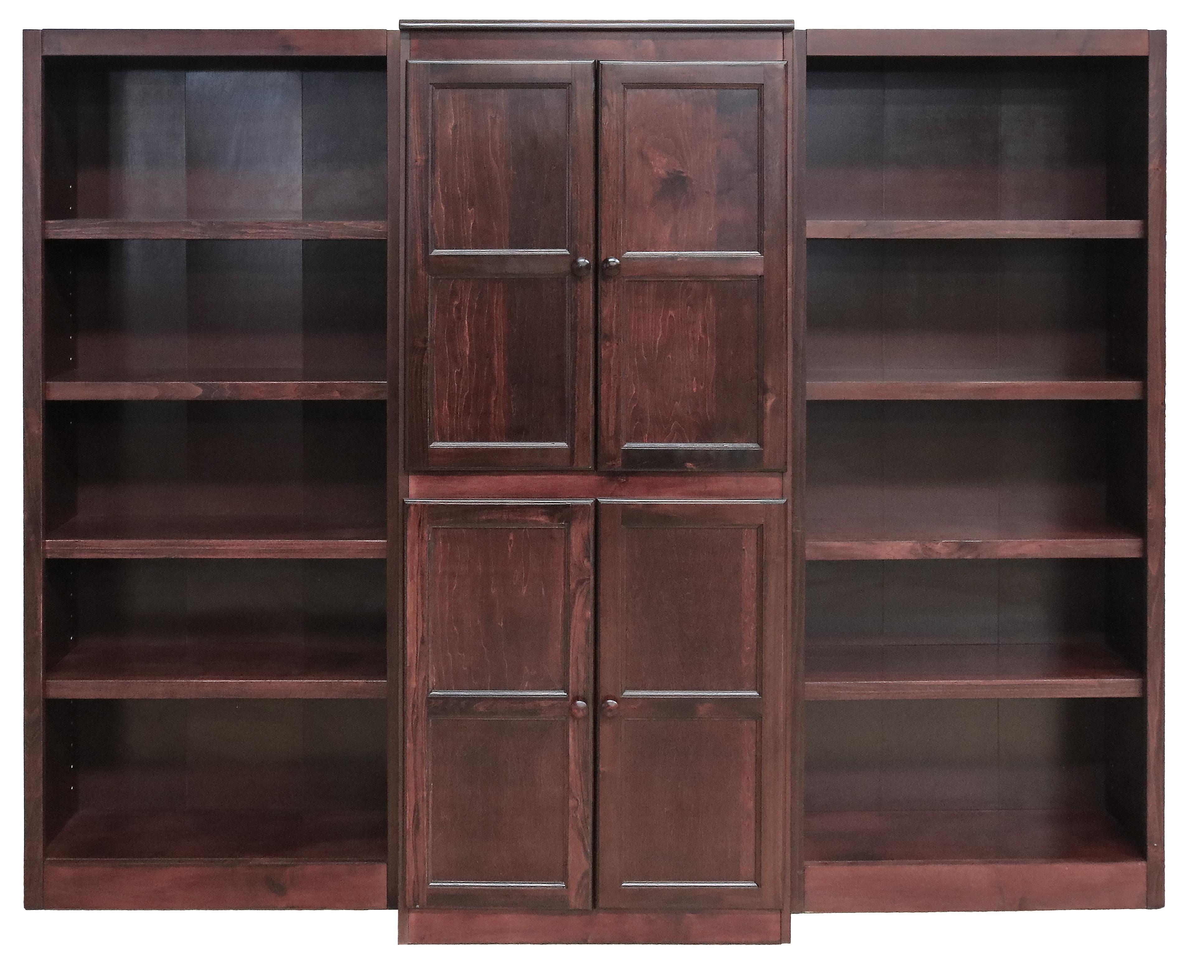 Concepts in Wood 15 Shelf Bookcase Wall with Doors, 72 inch Tall - Cherry Finish