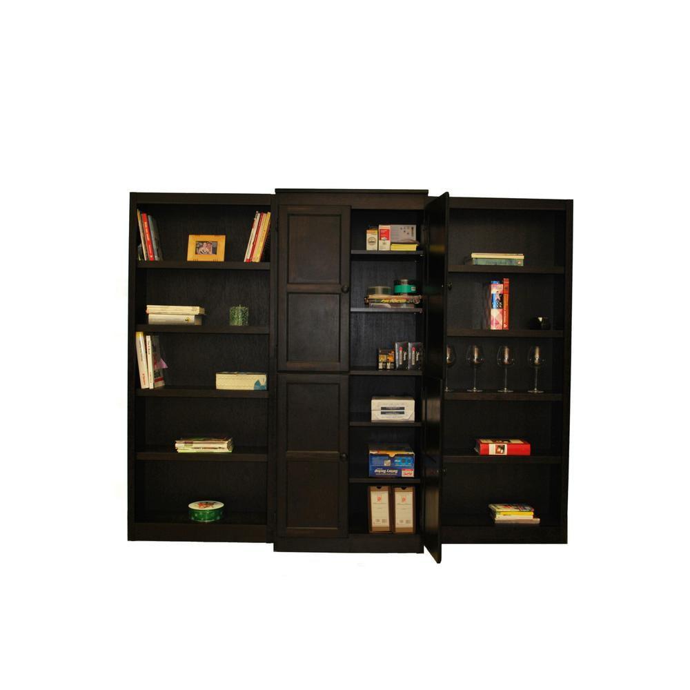 Espresso Finish Adjustable Wood Bookcase Wall with Doors, 72" Tall