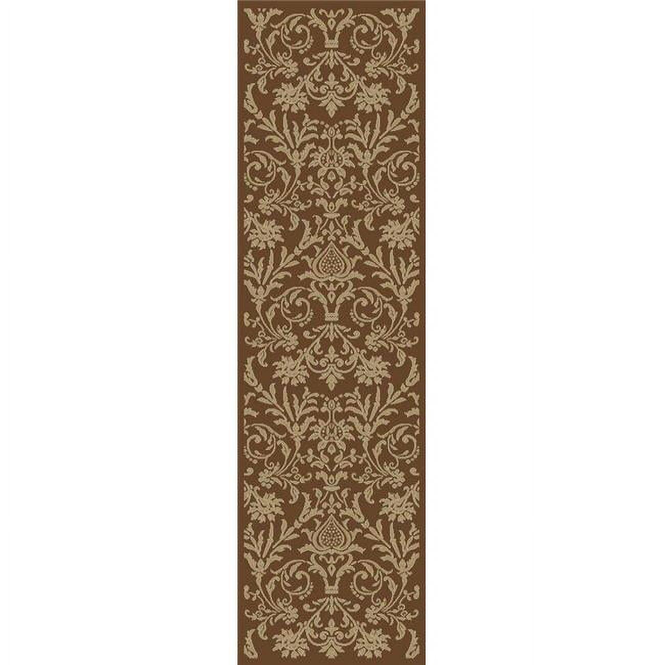 Brown Damask Pattern Medium Pile Runner Rug