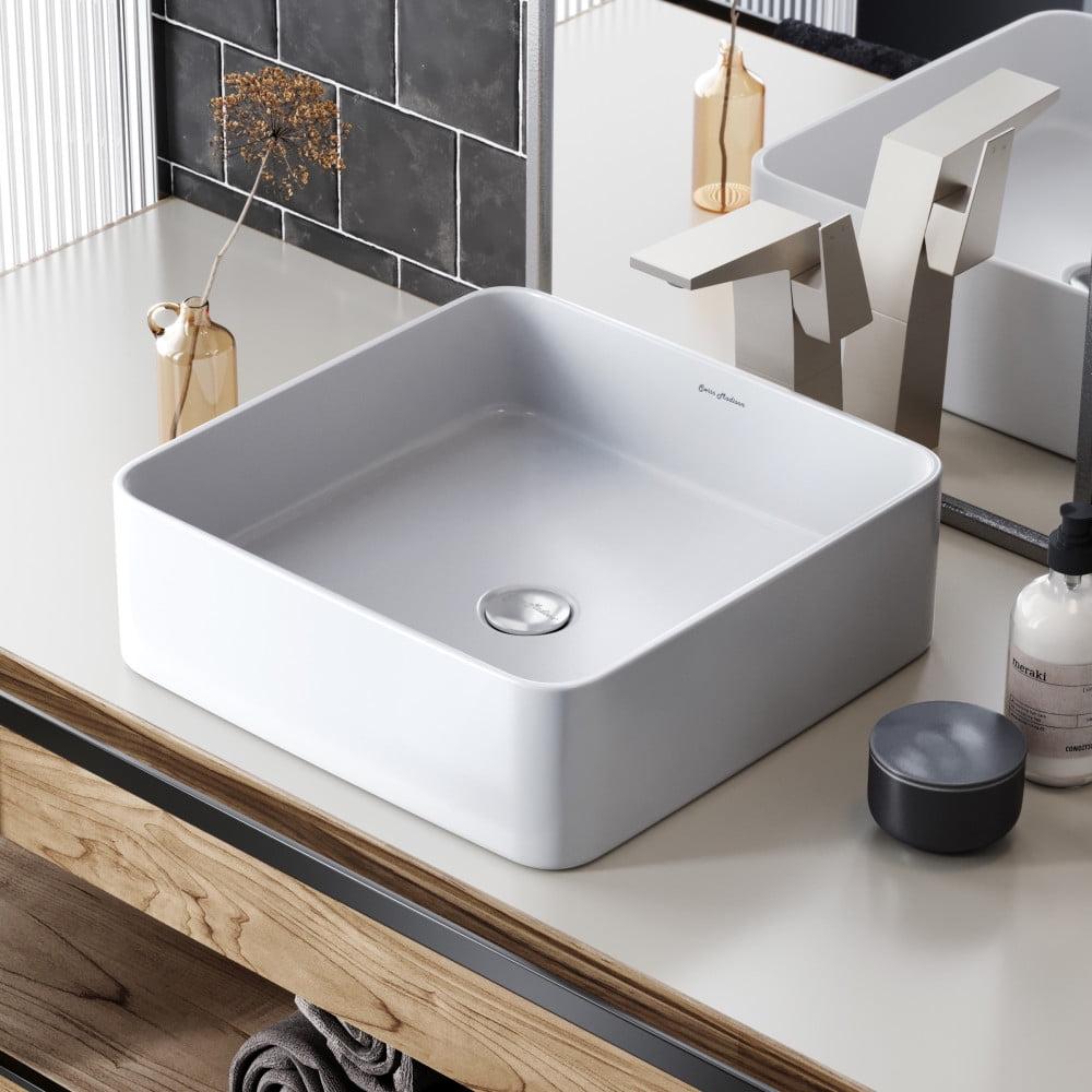 White Ceramic Square Above-Counter Vessel Sink, 15.74"