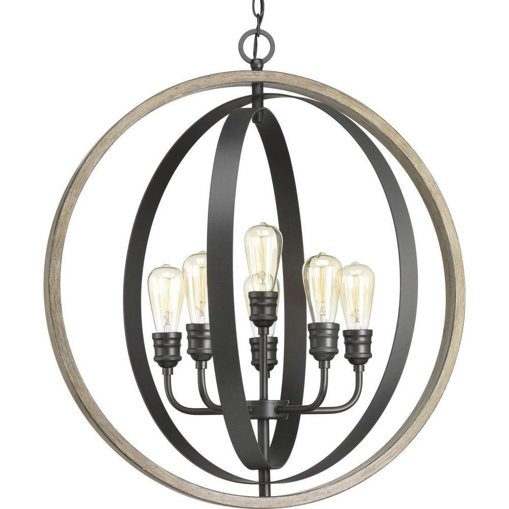 Progress Lighting Conestee 6-Light Pendant, Steel, Graphite, Armillary-Style Frame, Galvanized/Antique White Finish