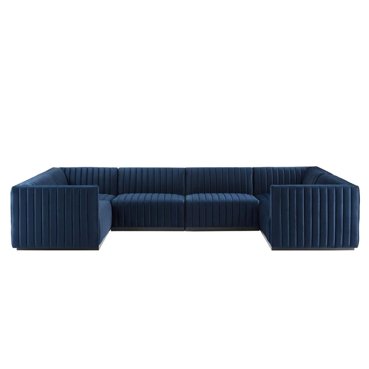 Midnight Blue Velvet 6-Piece Sectional with Channel Tufting and Wood Base