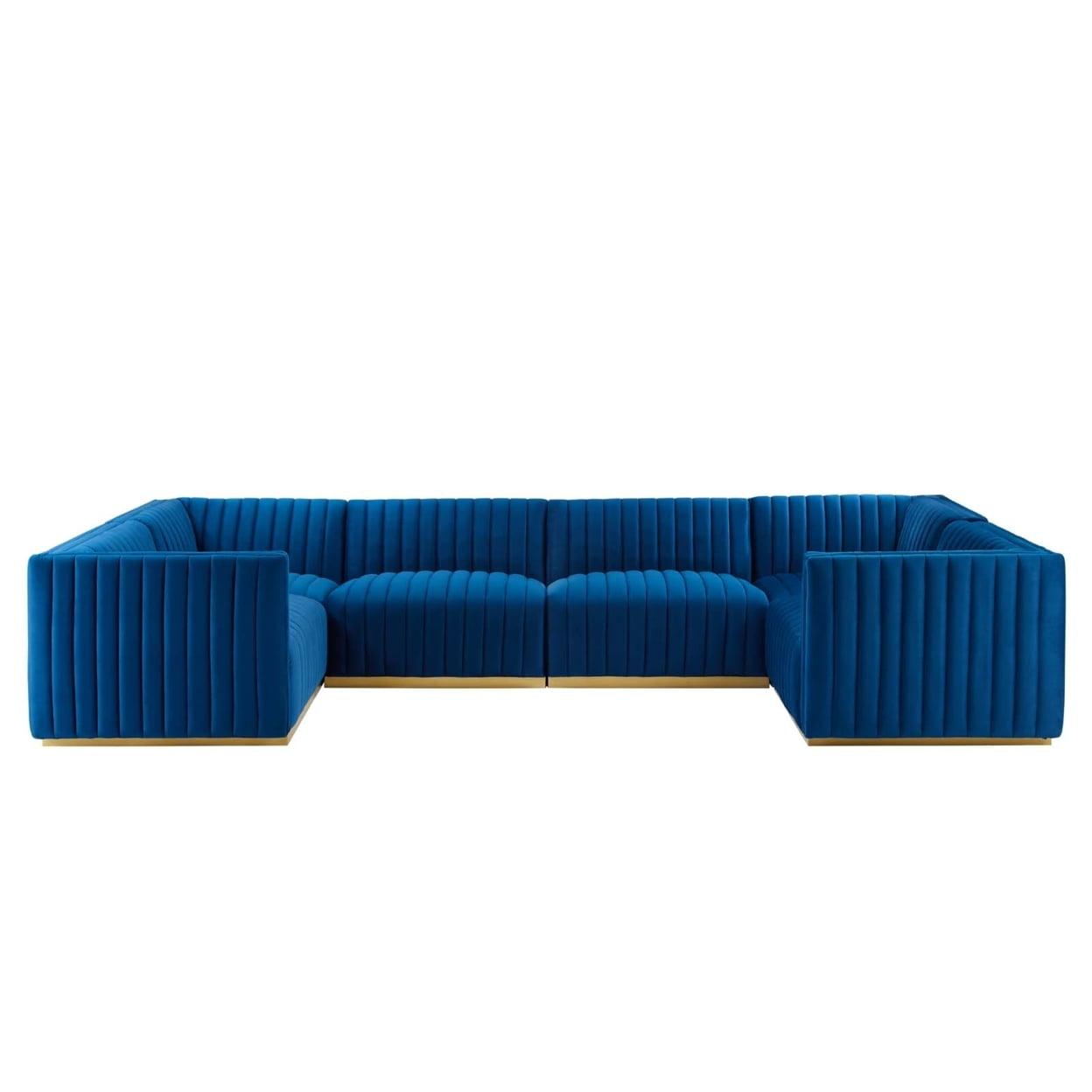 Gold Navy Velvet Tufted 6-Piece U-Shaped Sectional with Ottoman