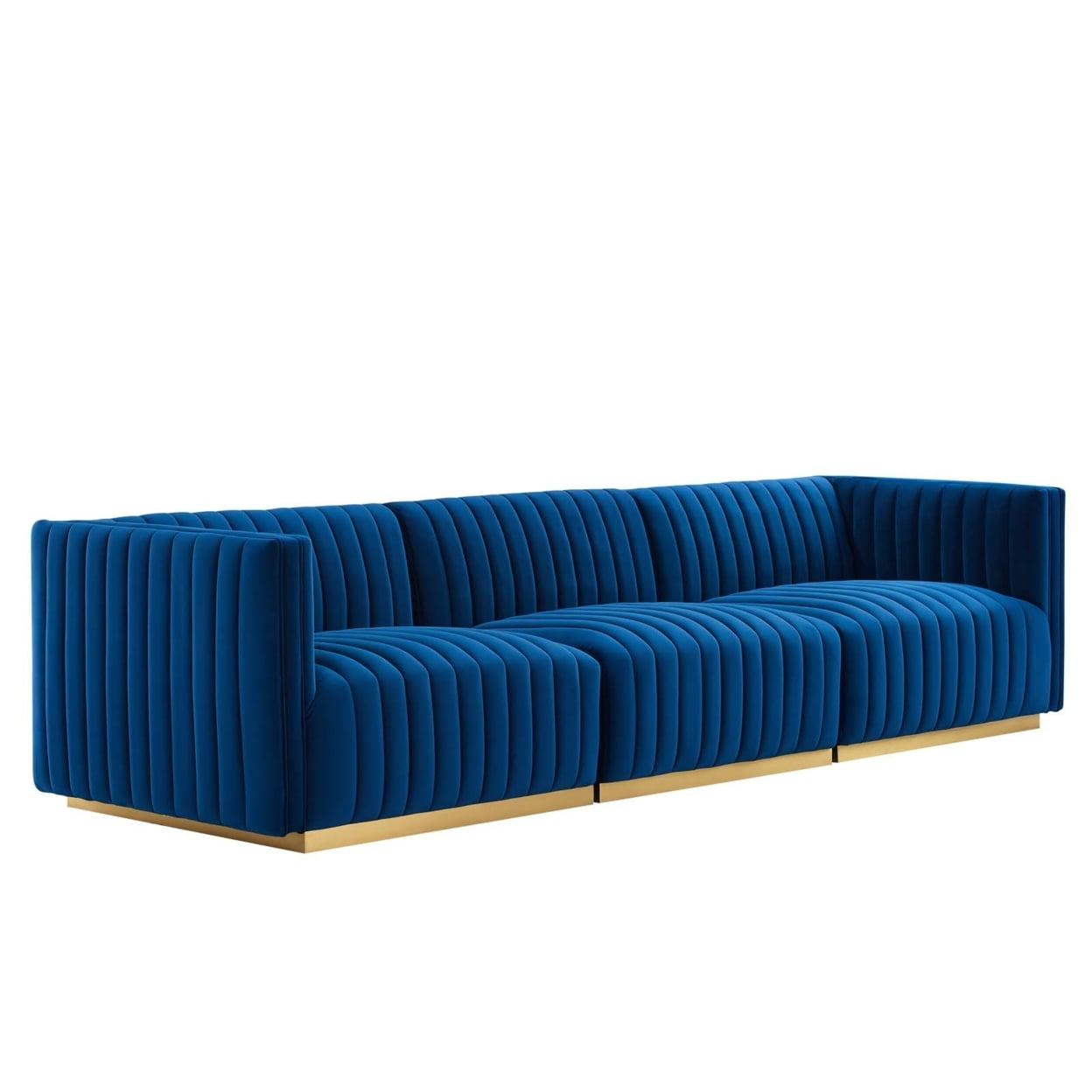 Elegant Gold Navy Tufted Velvet Sofa with Brushed Gold Base