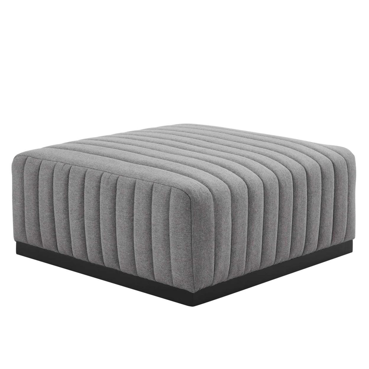 Vintage-Inspired Black Light Gray Linen Tufted Ottoman