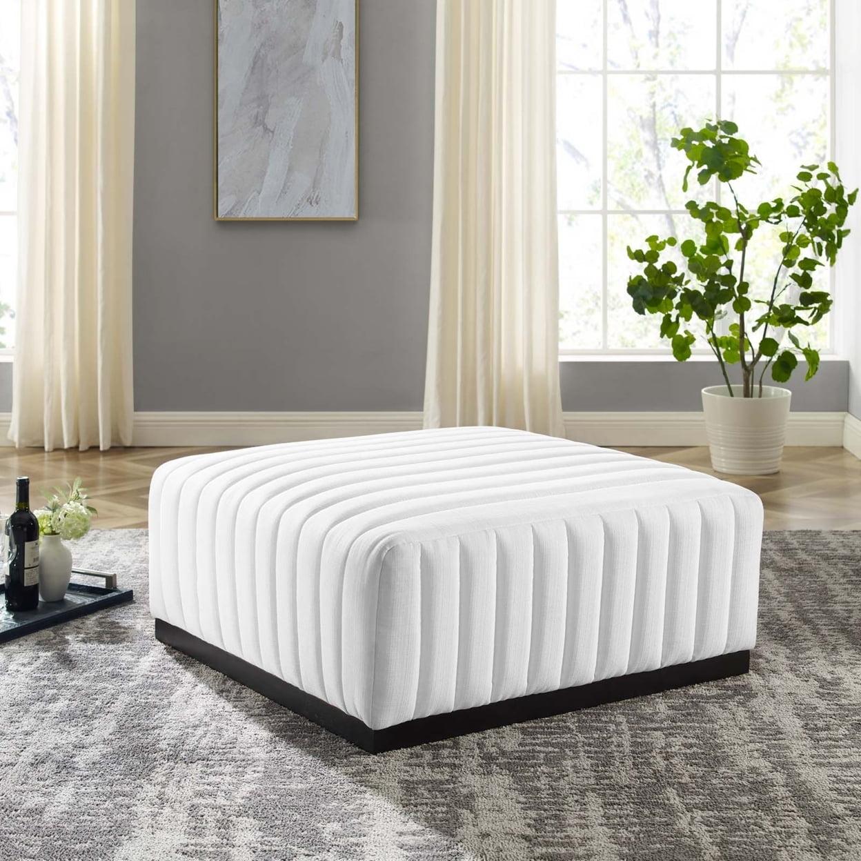 Conjure Channel Tufted Black White Linen Ottoman