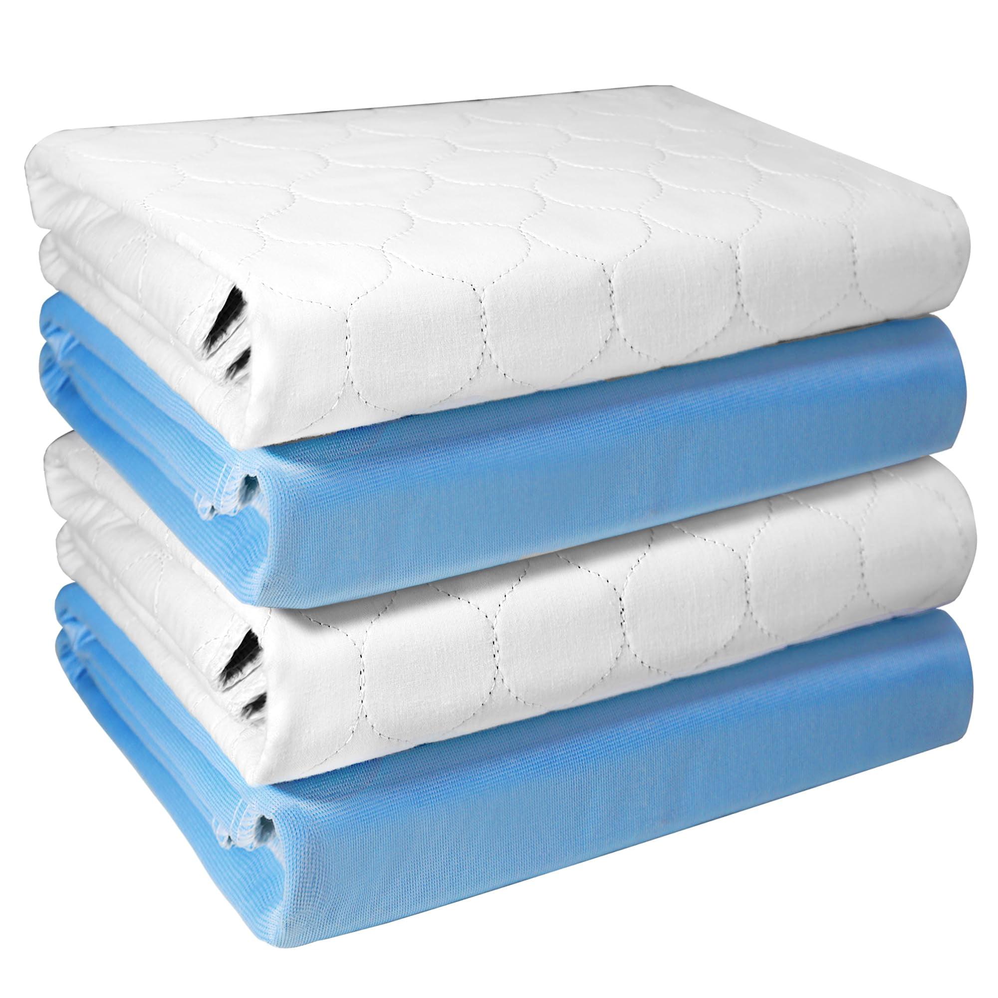 Heavy Absorbency White and Blue Washable Bed Pads, 34"x36" (4 Pack)