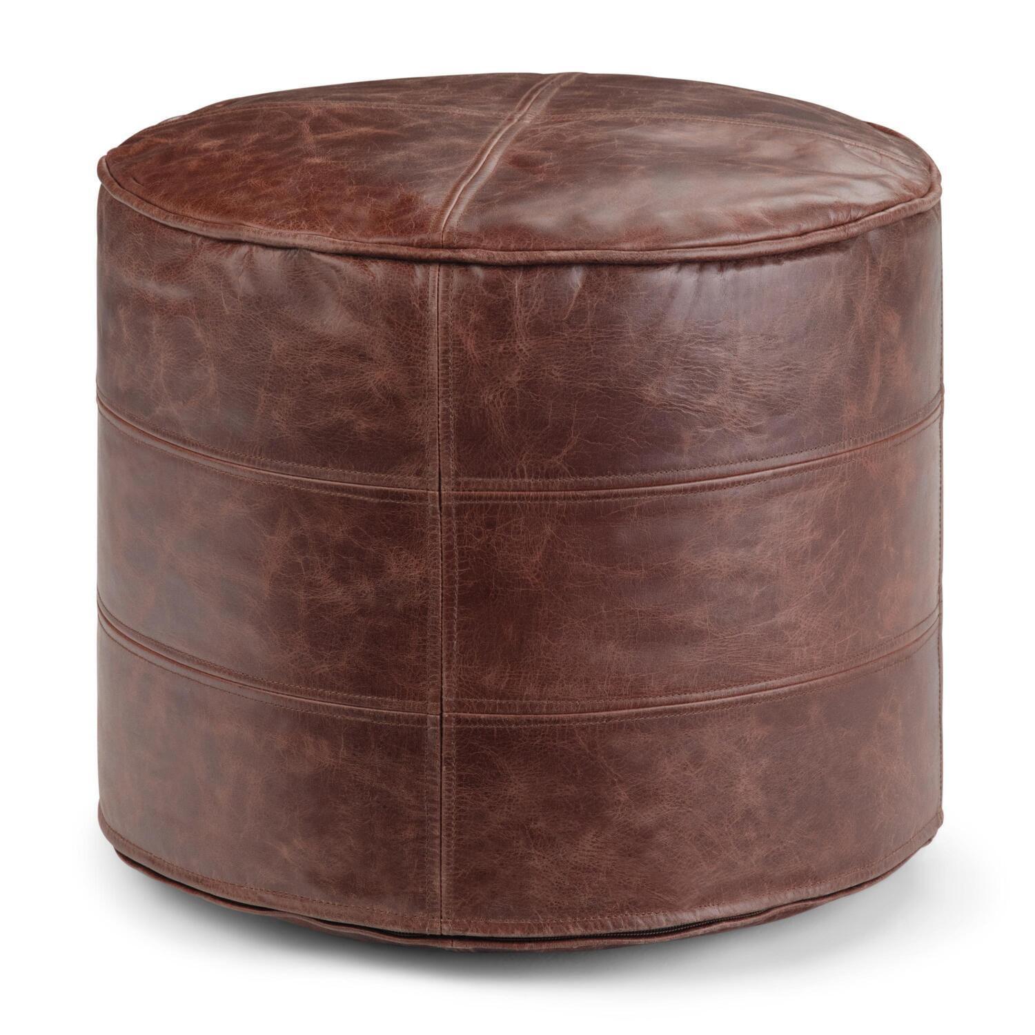 Connor Round Distressed Brown Leather Pouf