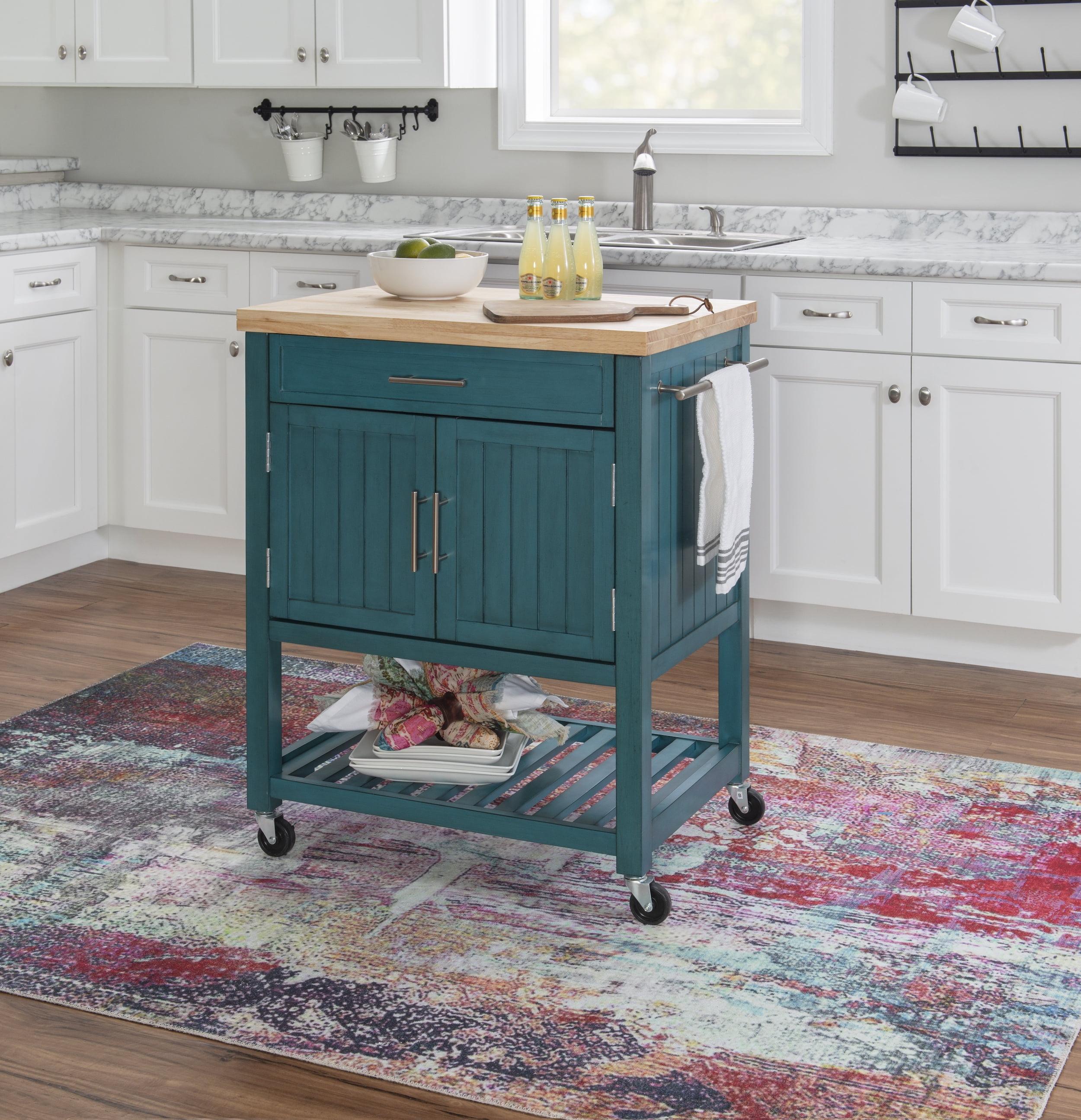 Conrad Teal Rolling Kitchen Cart with Butcher Block Top and Storage