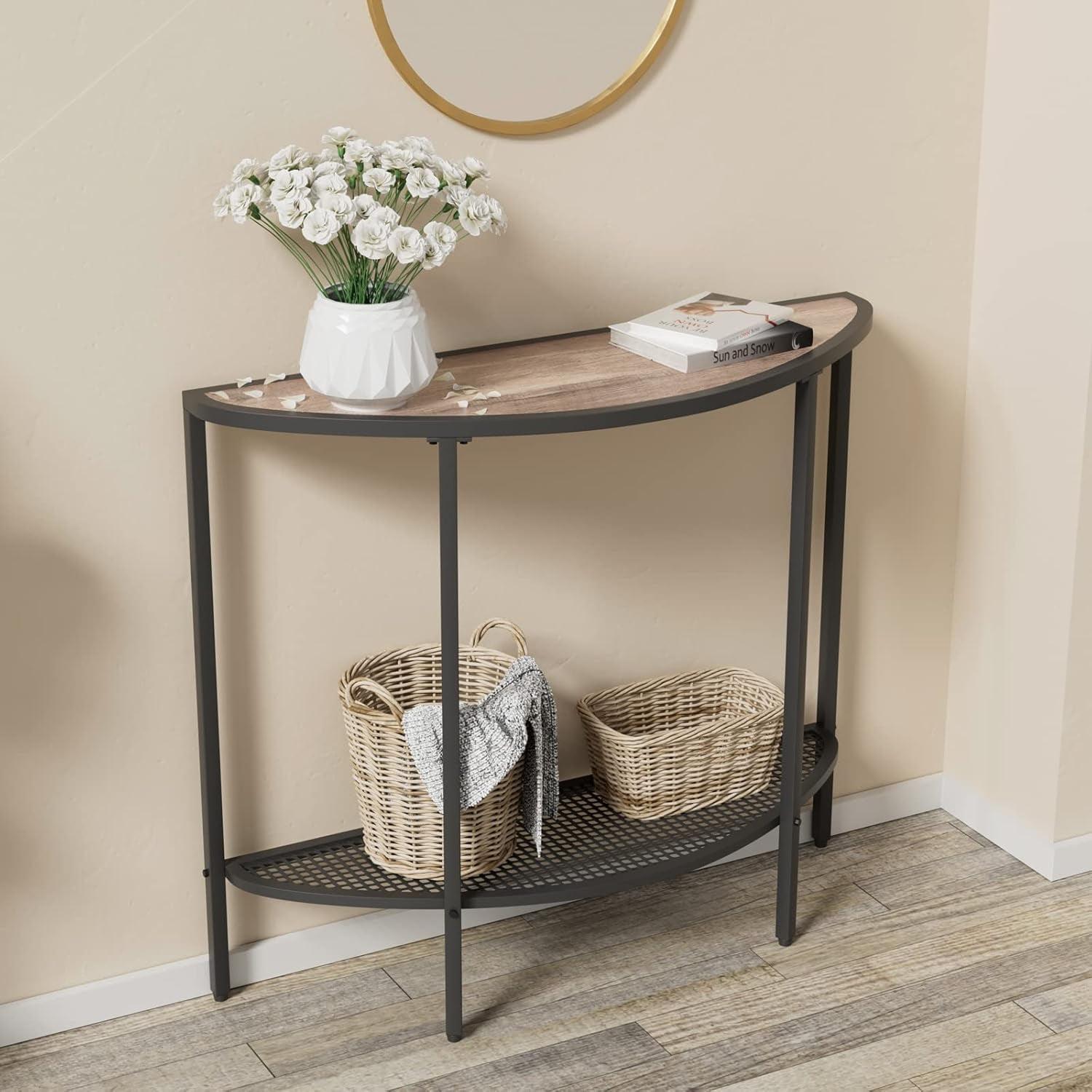 Console Table 2 Tier Narrow Entryway Table with Storage Shelves Half Moon Sofa Couch Table Industrial Small Entry Way Tables for Living Bedroom Hallway Office Easy Assembly, Gray Black