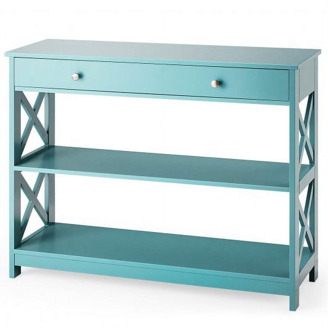 Costway 3-Tier Console Table X-Design Sofa Entryway Table with Drawer & Shelves Turquoise