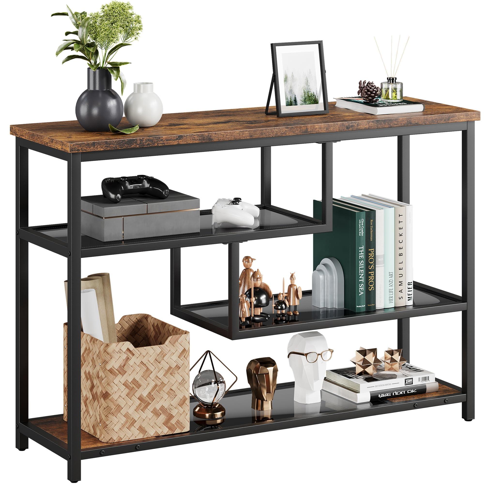 Rustic Brown and Black 4-Tier Console Table with Glass Shelves