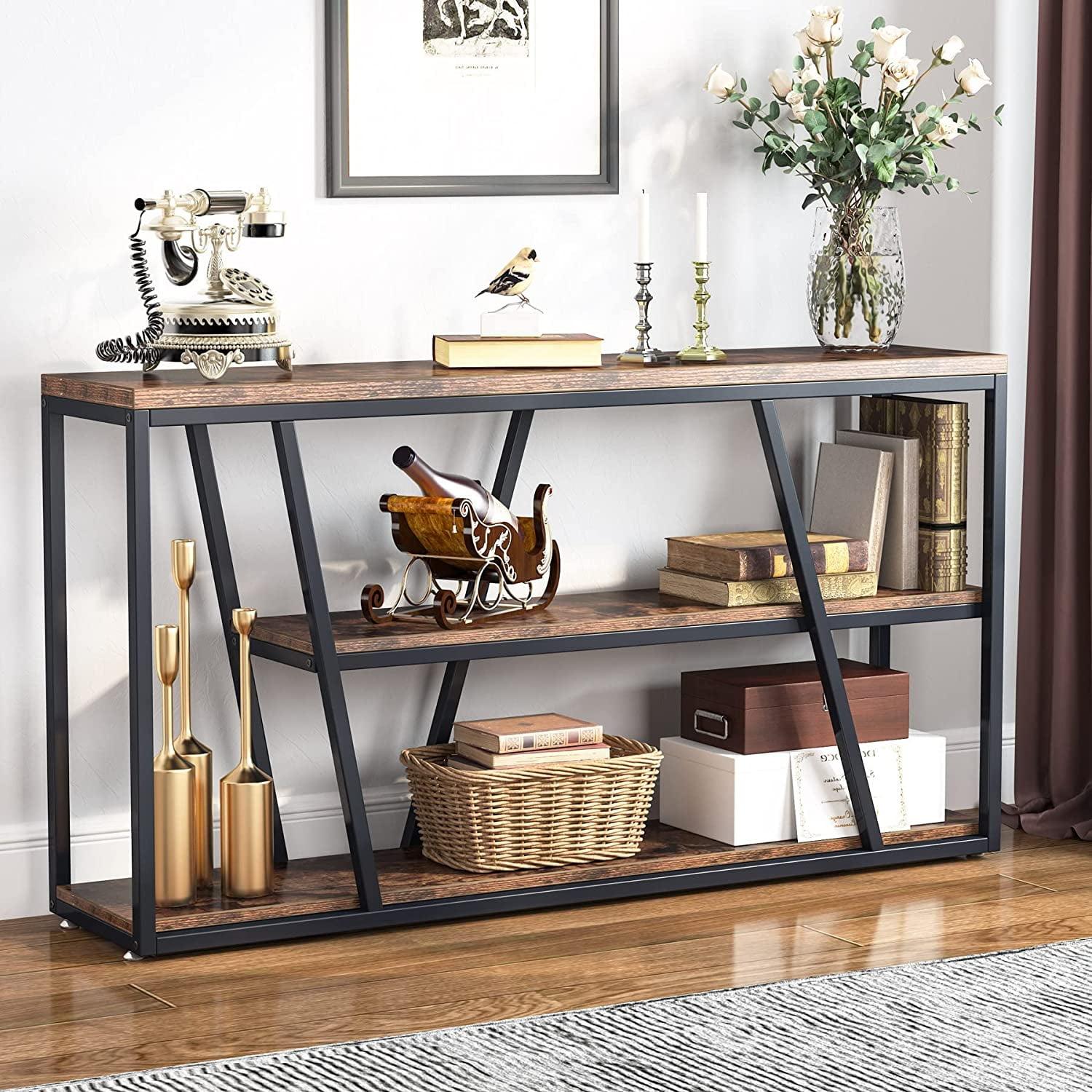 Rustic Brown Industrial 3-Tier Console Table with Shelves