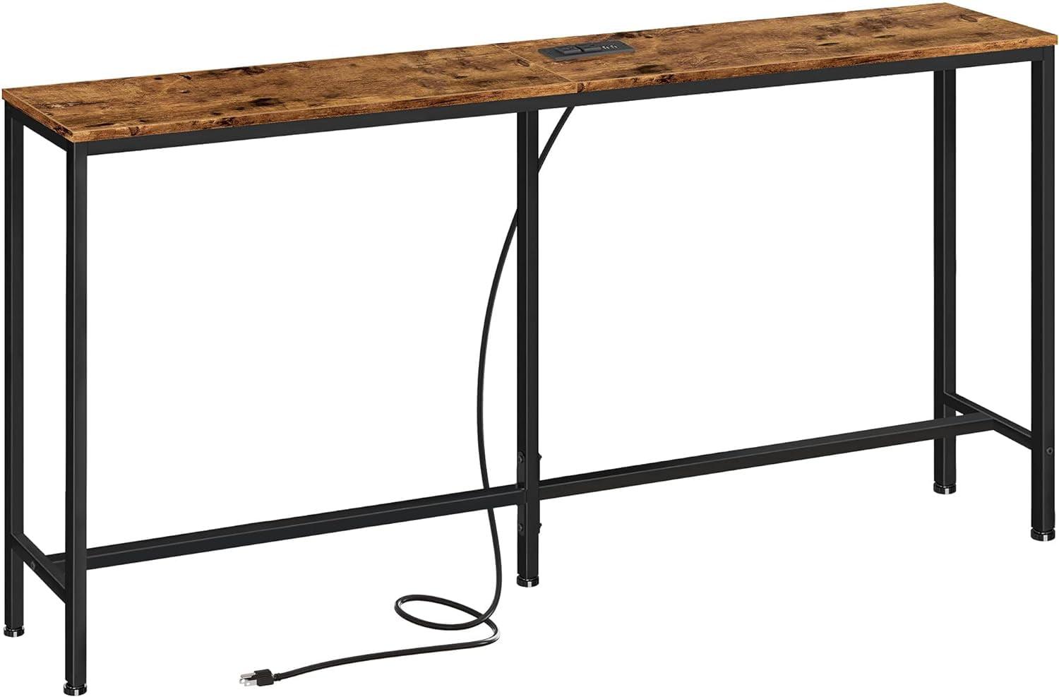 Rustic Brown 63" Wood and Metal Console Table with Charging Station