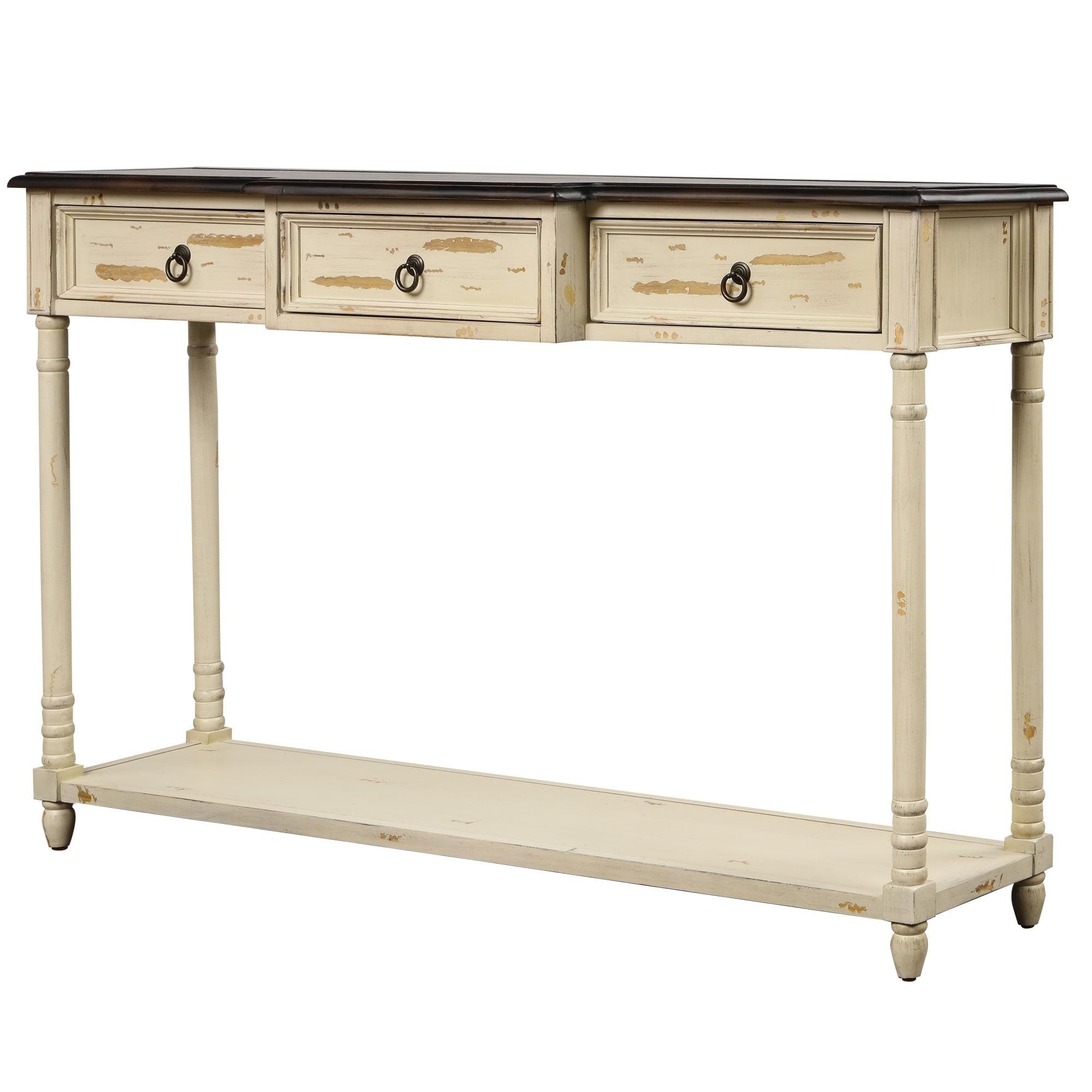 Beige Distressed Wood Console Table with Storage