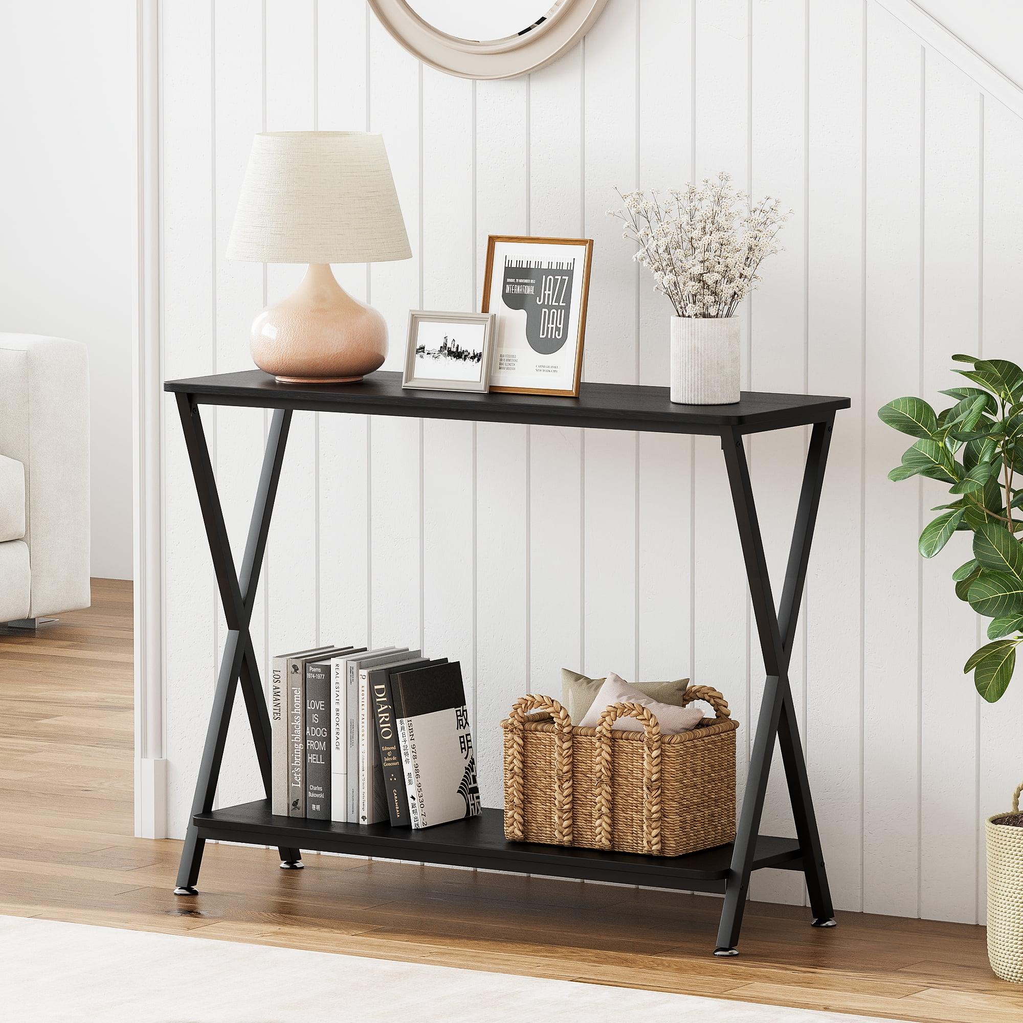 Black Wood and Metal Console Table with Storage Shelf