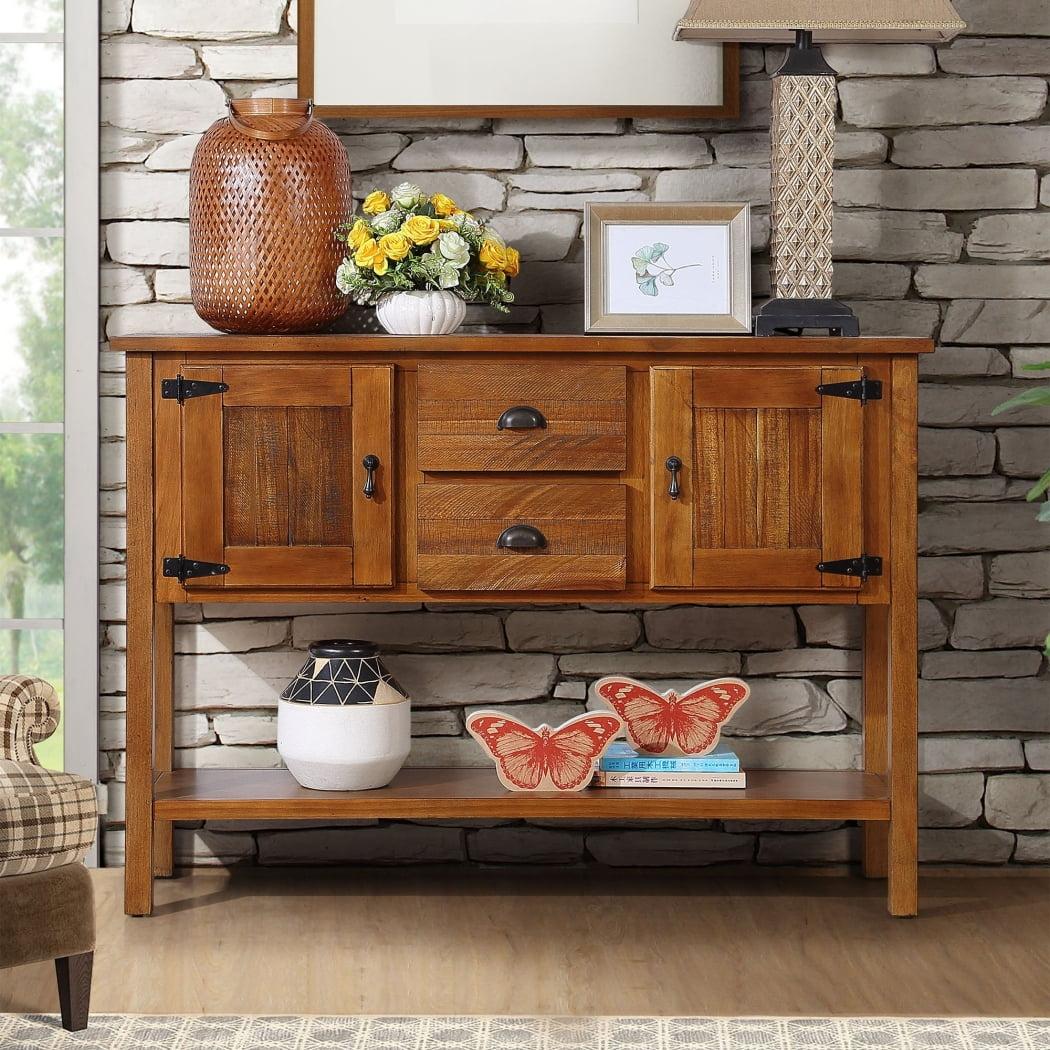 Brown Solid Wood Console Table with Storage Drawers and Shelves