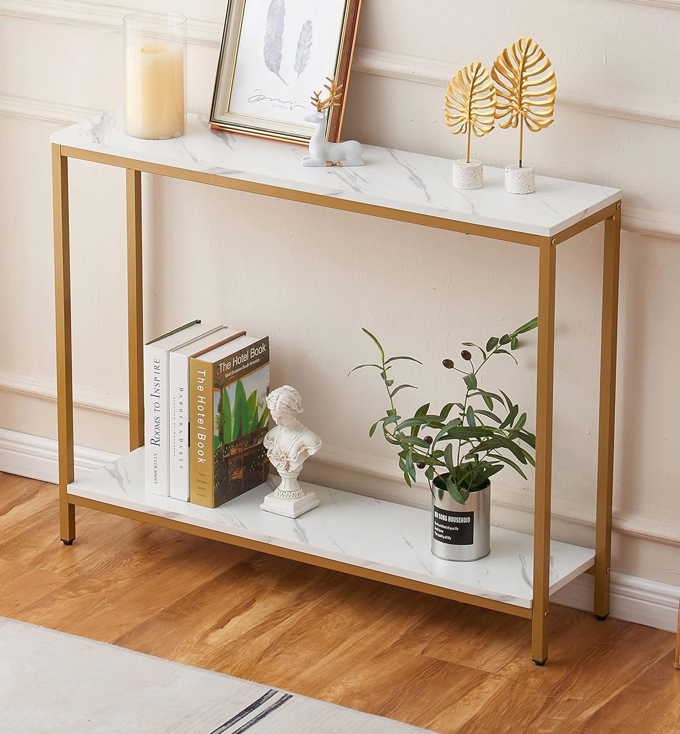 White Faux Marble and Gold Metal Double Layer Console Table