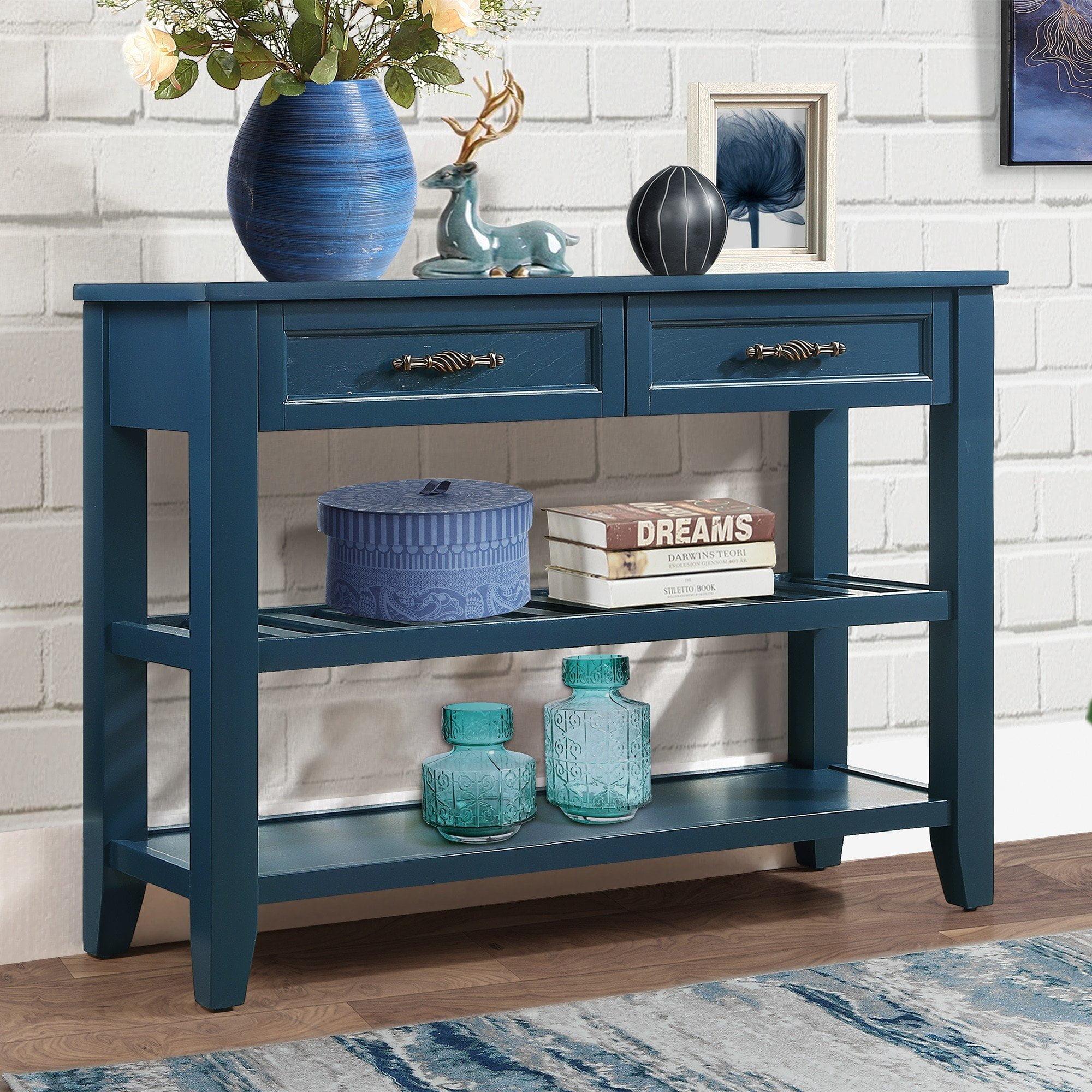 Navy Blue 42" Solid Wood Console Table with Storage Drawers and Shelves