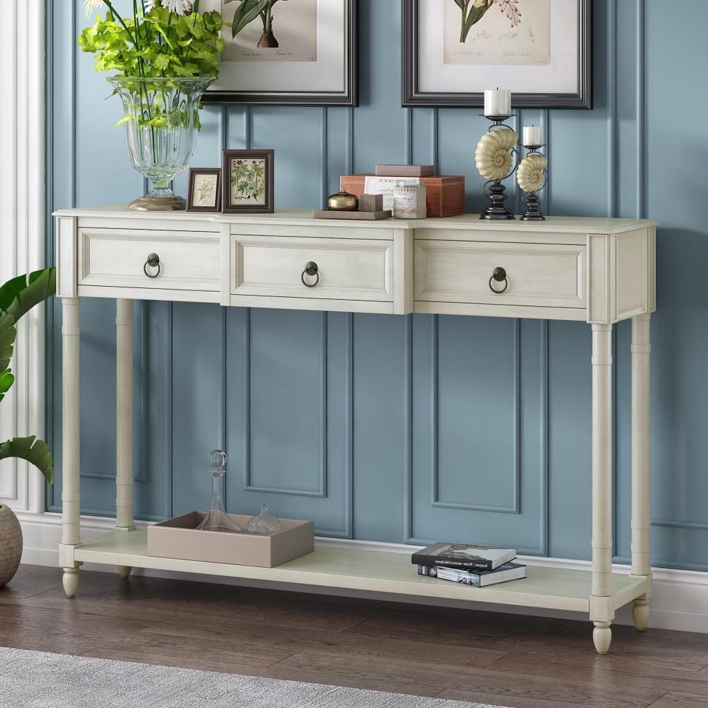 Antique White Solid Wood Console Table with Storage Drawers