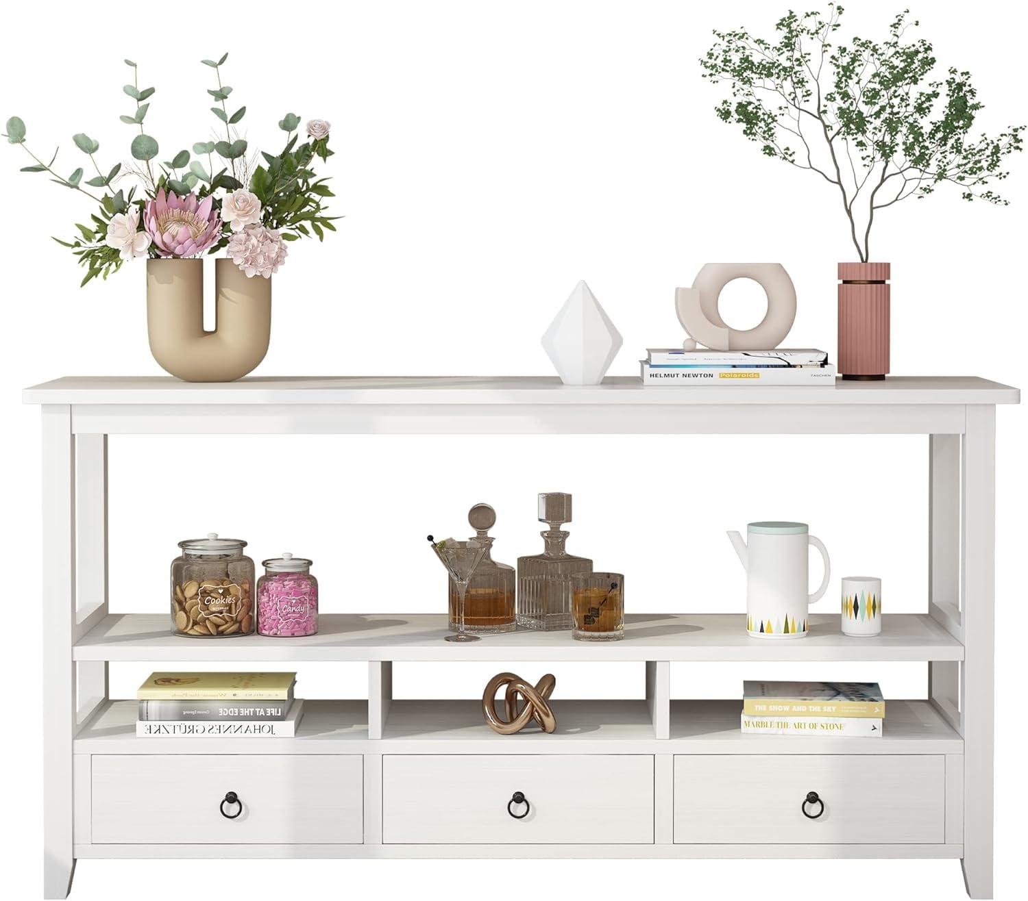 Antique White Wood Console Table with Storage Drawers and Shelves