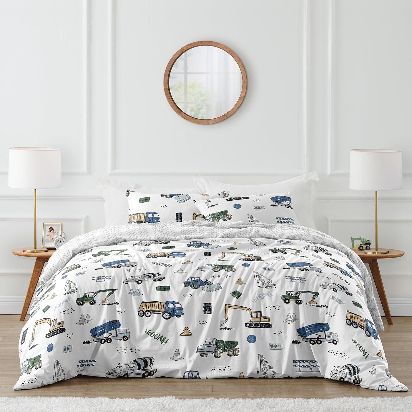 Construction Truck Blue Green Yellow Grey And Black 3 Piece Queen Comforter Set